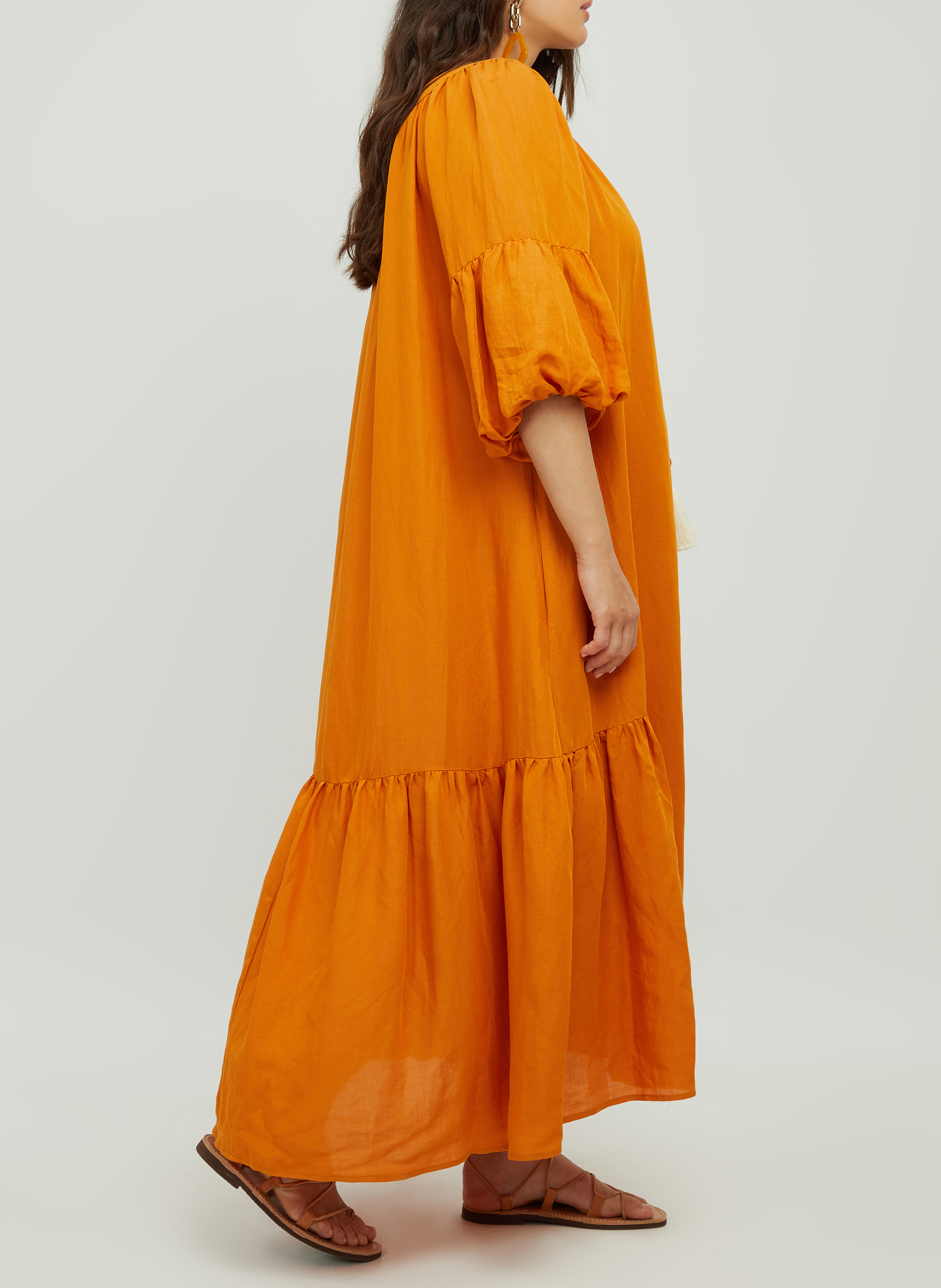 Robe longue à col rond en viscose et lin  MAT FASHION Orange