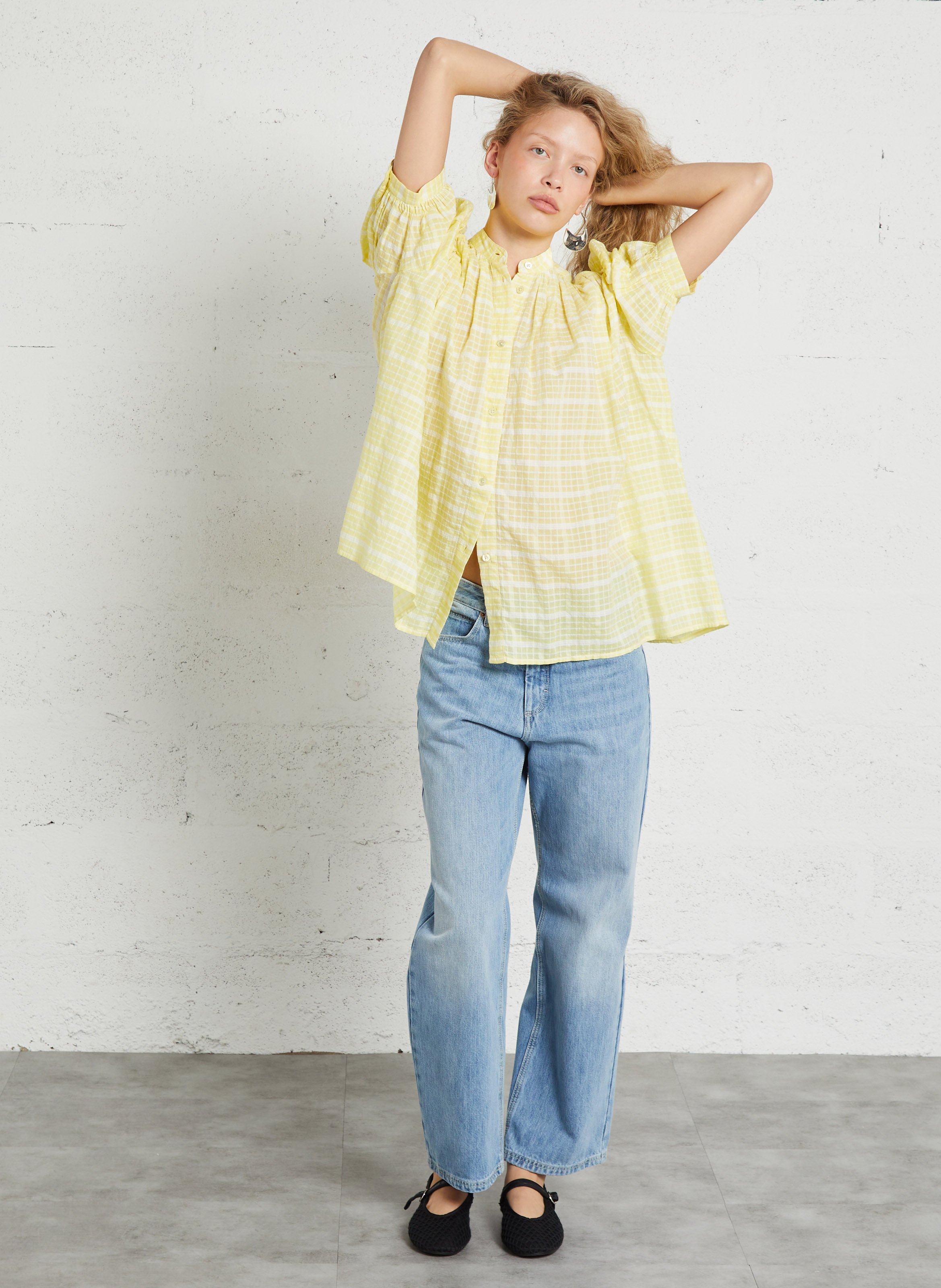 Straight-cut printed cotton shirt with round neck LAURENCE BRAS Yellow