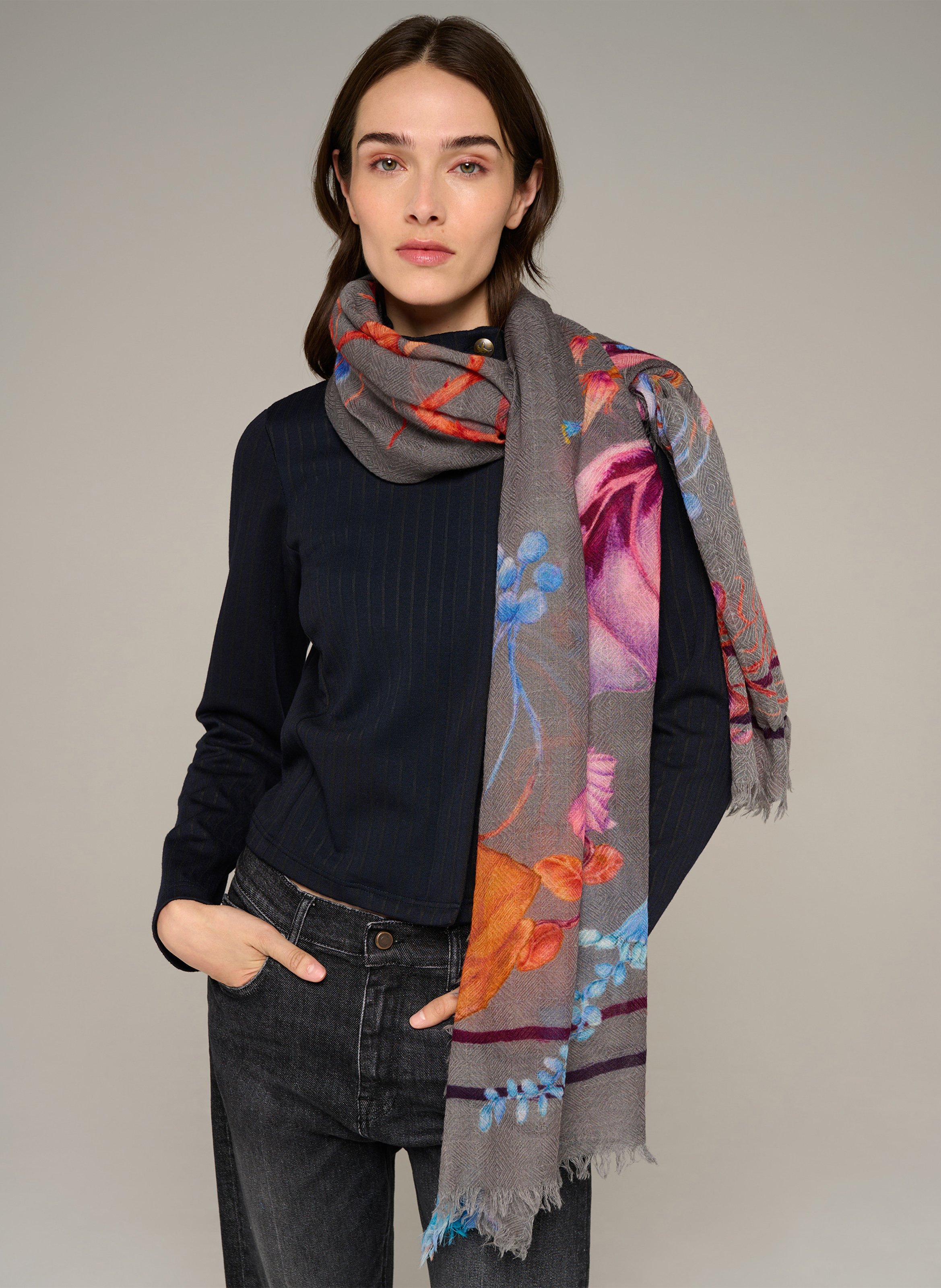 Printed wool scarf COTELAC Grey
