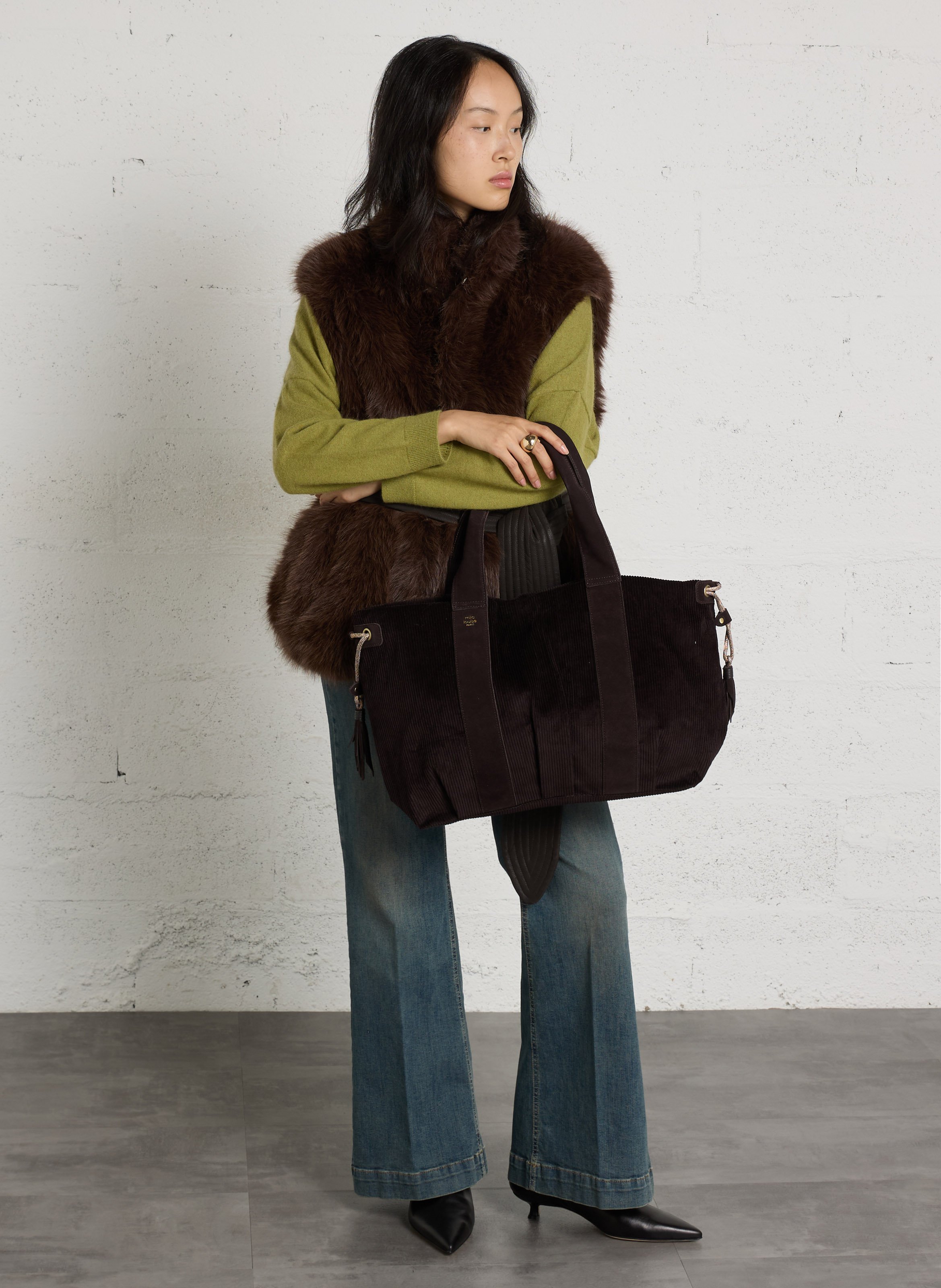 Gestreepte shopper van gemengd leer MILA LOUISE Bruin
