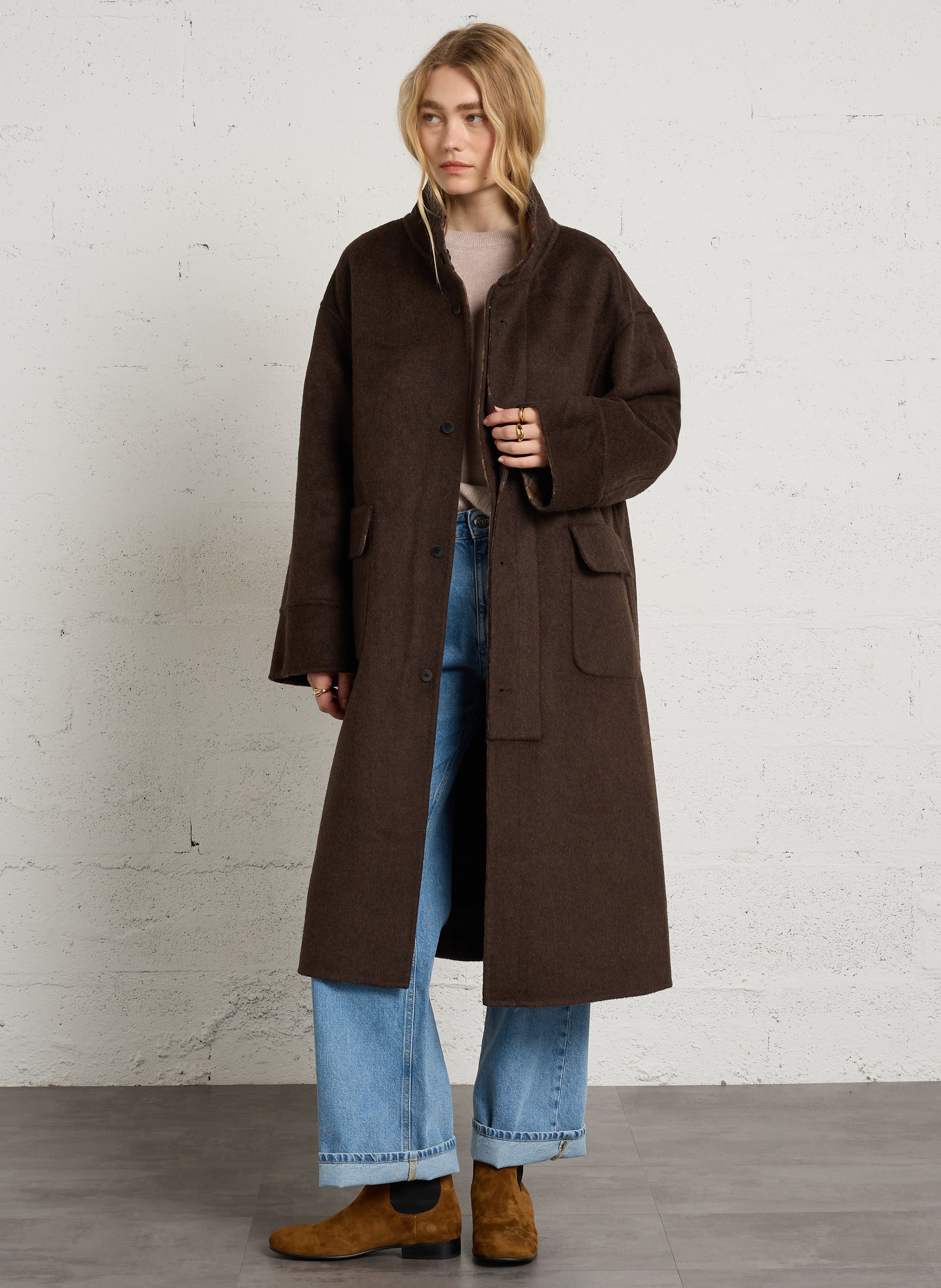 Manteau ample à carreaux en laine mélangée SEE U SOON Marron