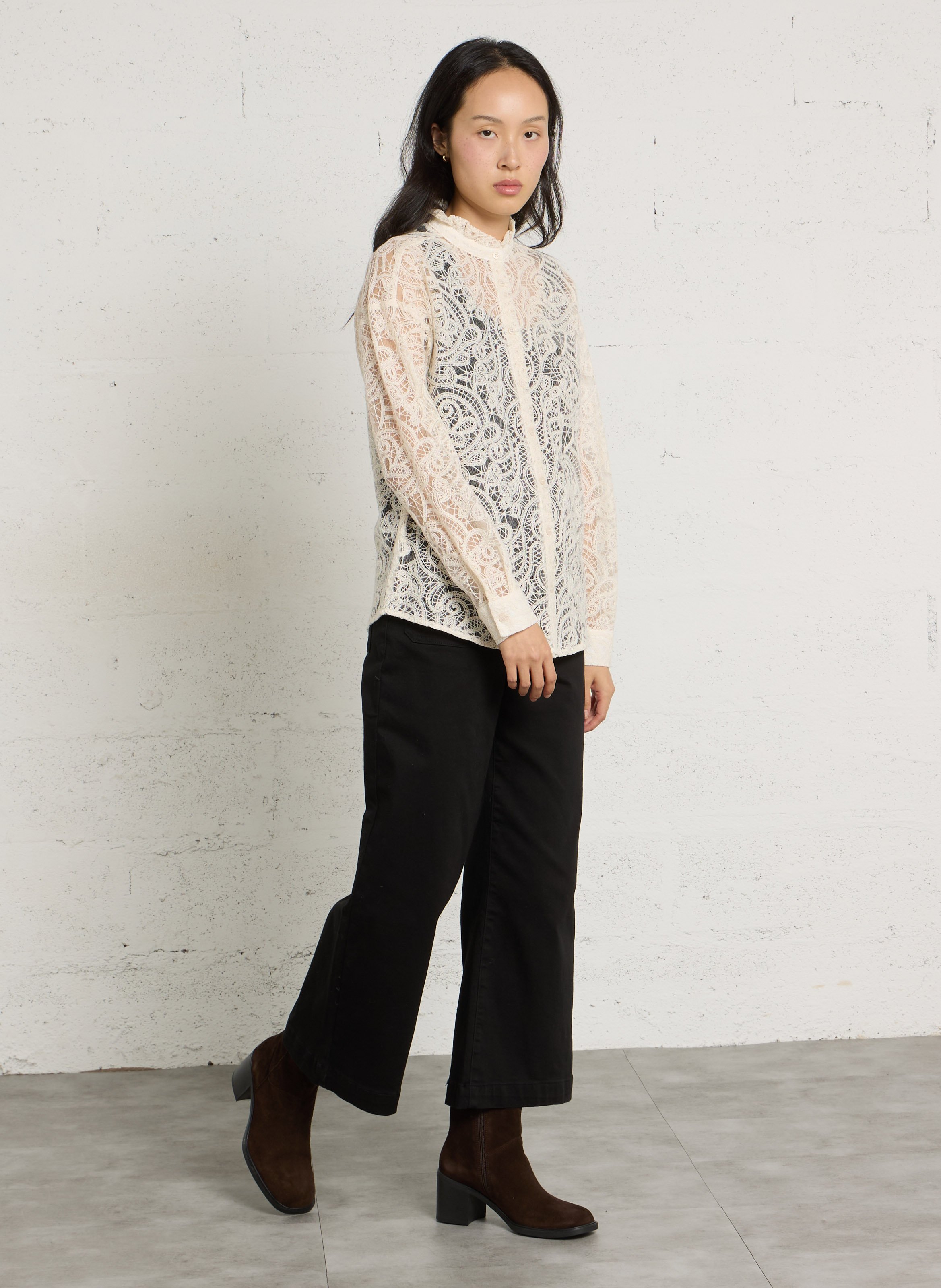 High-neck blouse in cotton-blend lace-look fabric LA PETITE ETOILE Beige
