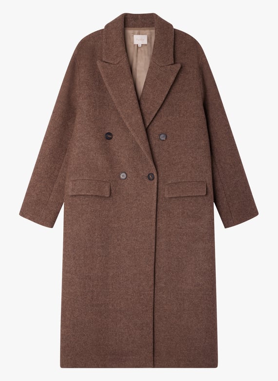 Manteau long col tailleur en laine melangee Marron