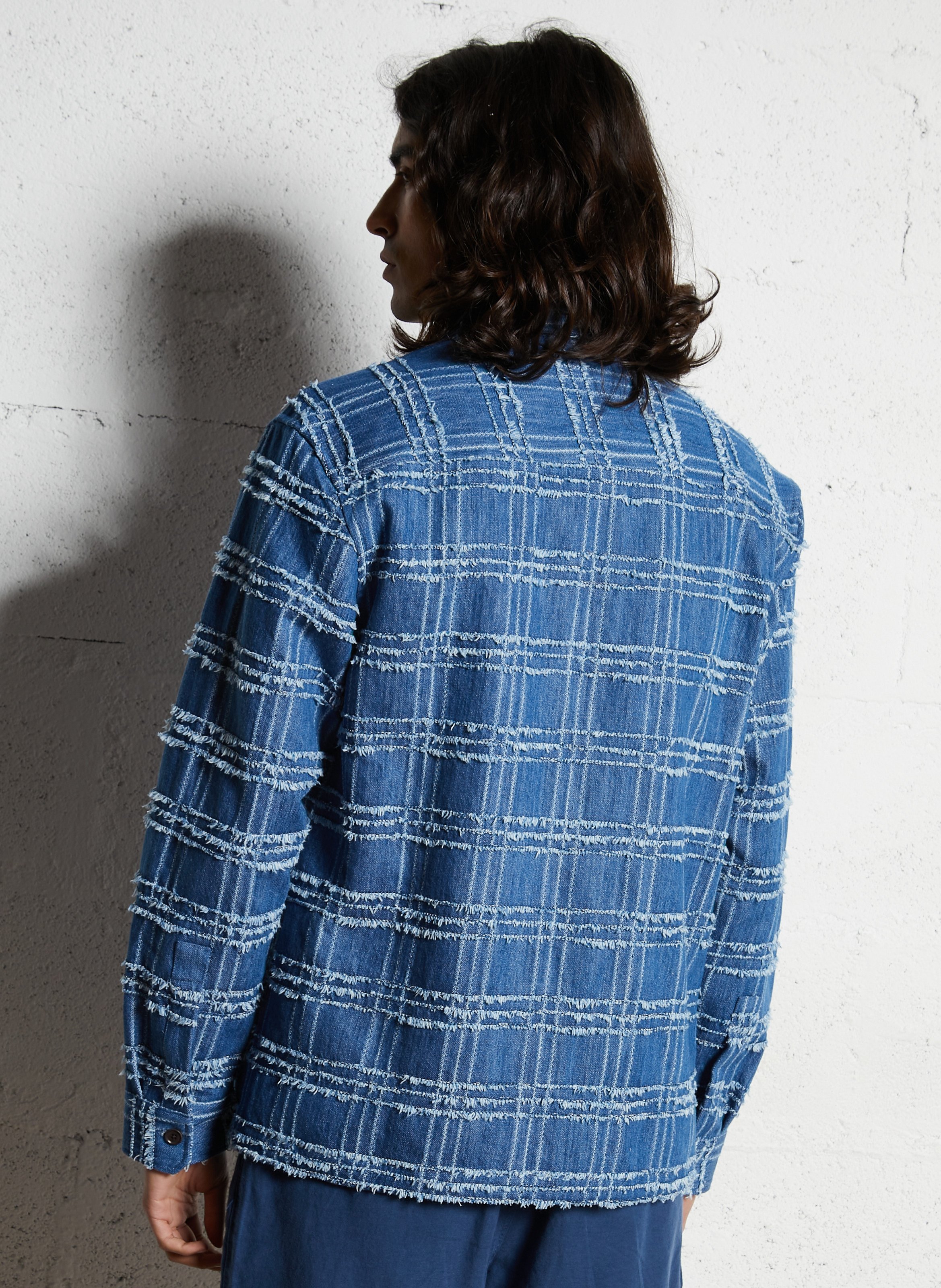 Veste col chemise à carreaux en jean Bleu