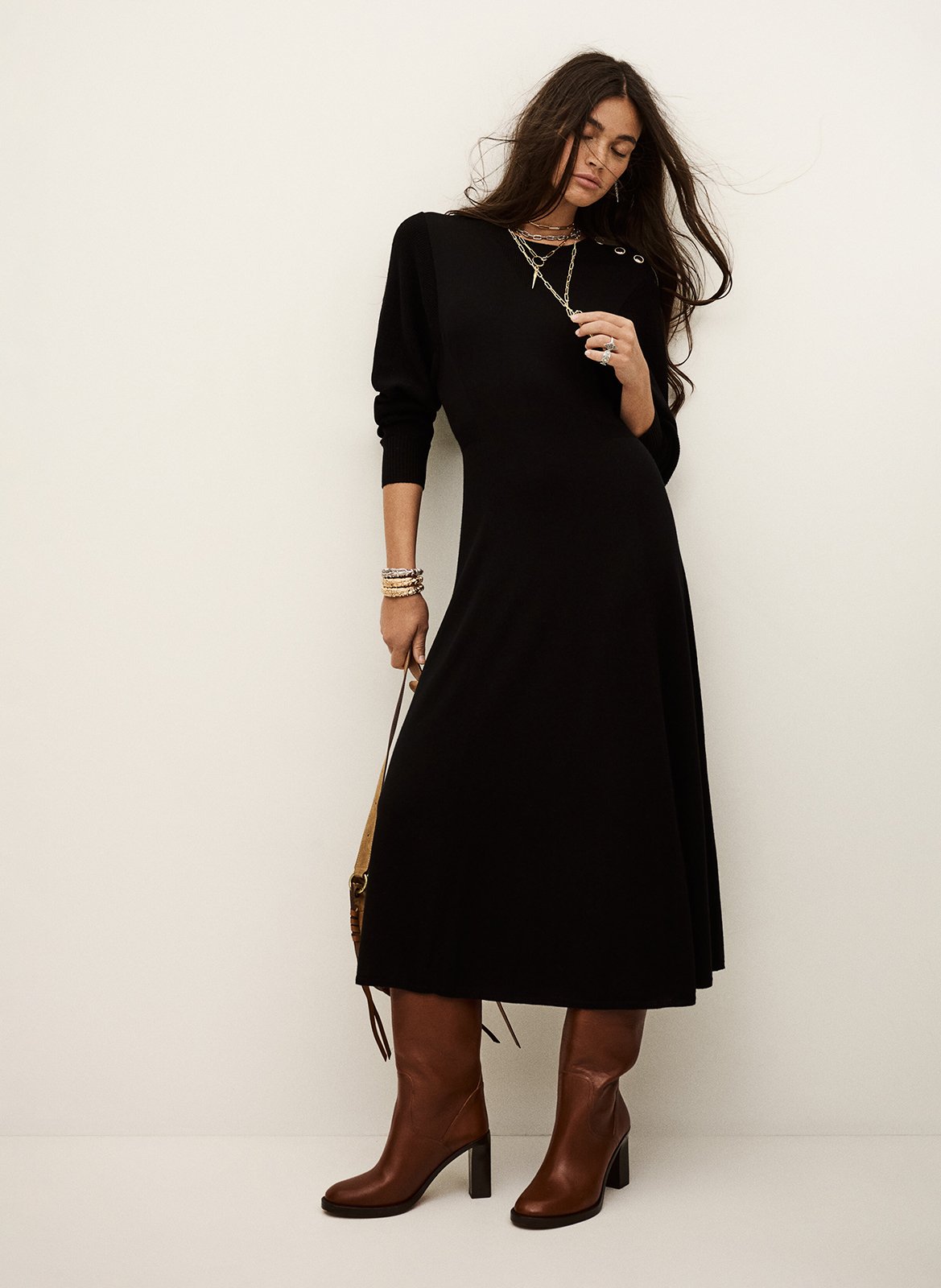 Robe midi col rond en laine mélangée BA&SH Noir