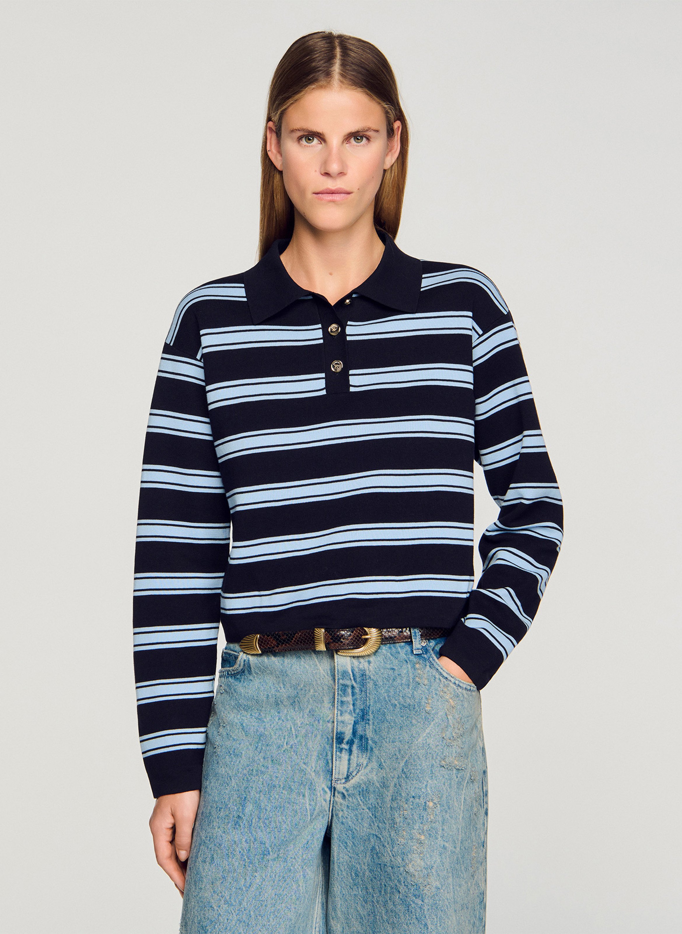 Straight polo in cotton, silk, and linen SANDRO Blue