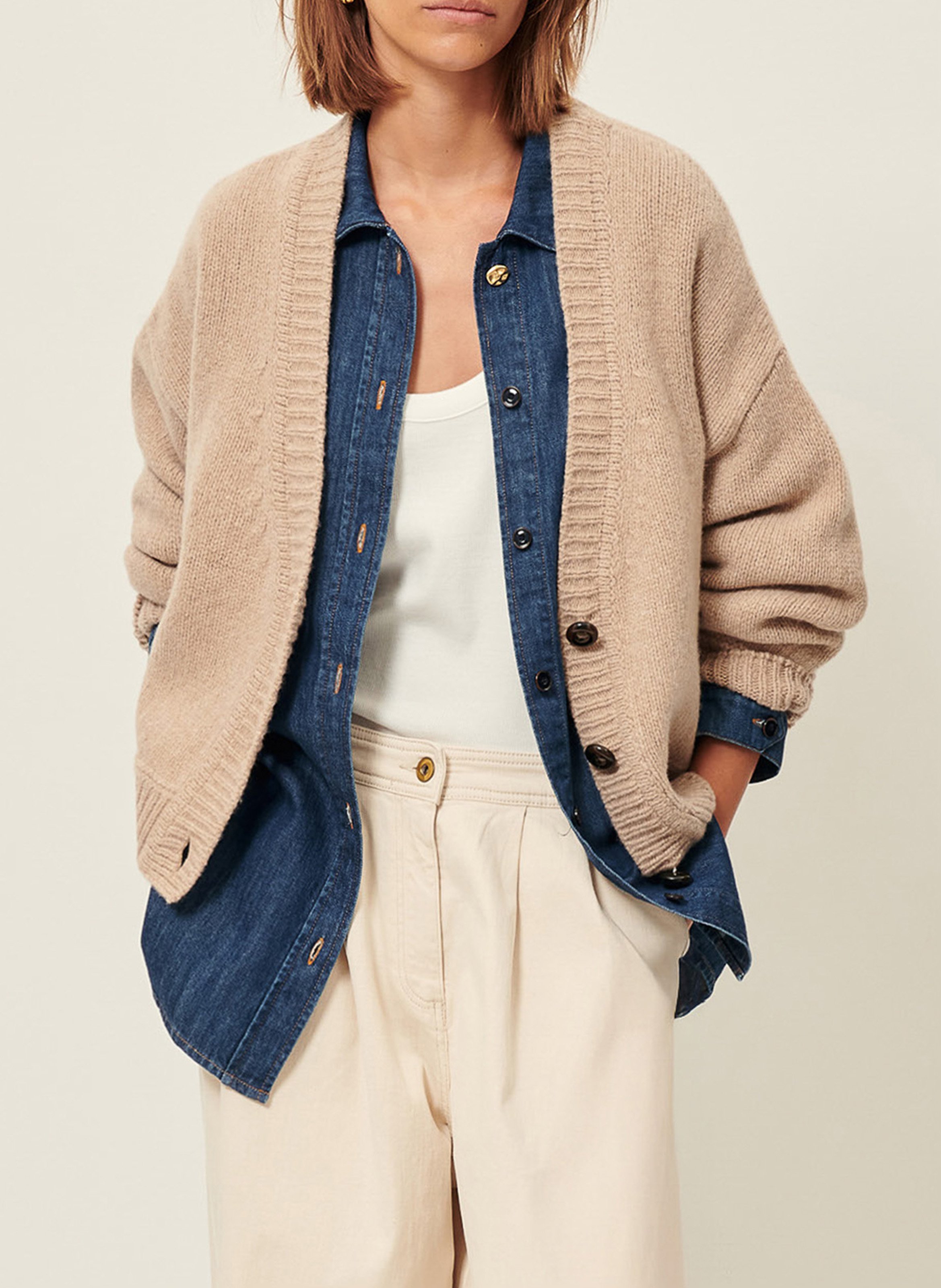 Cardigan oversize col V en laine SESSUN Beige