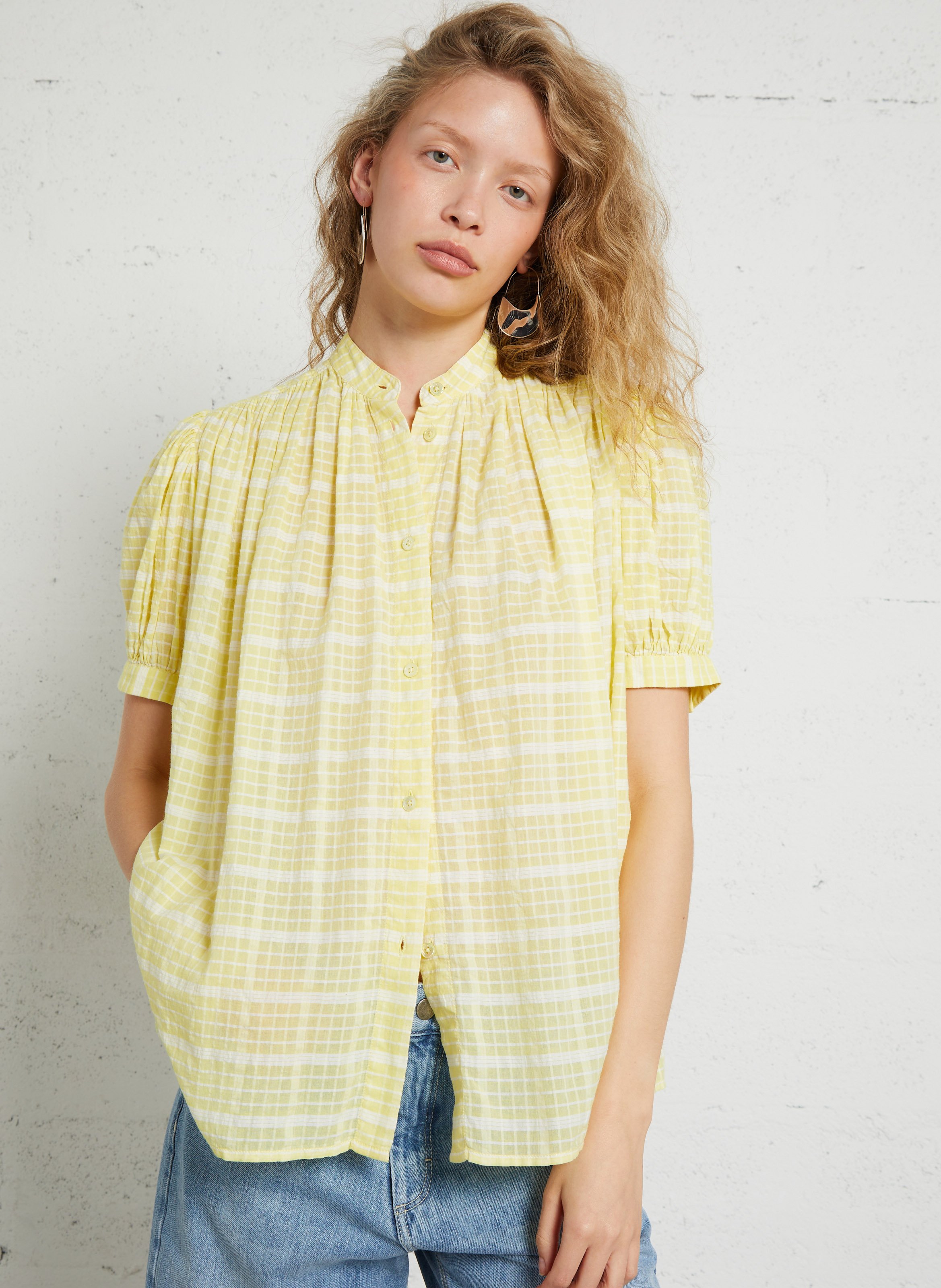 Straight-cut printed cotton shirt with round neck LAURENCE BRAS Yellow