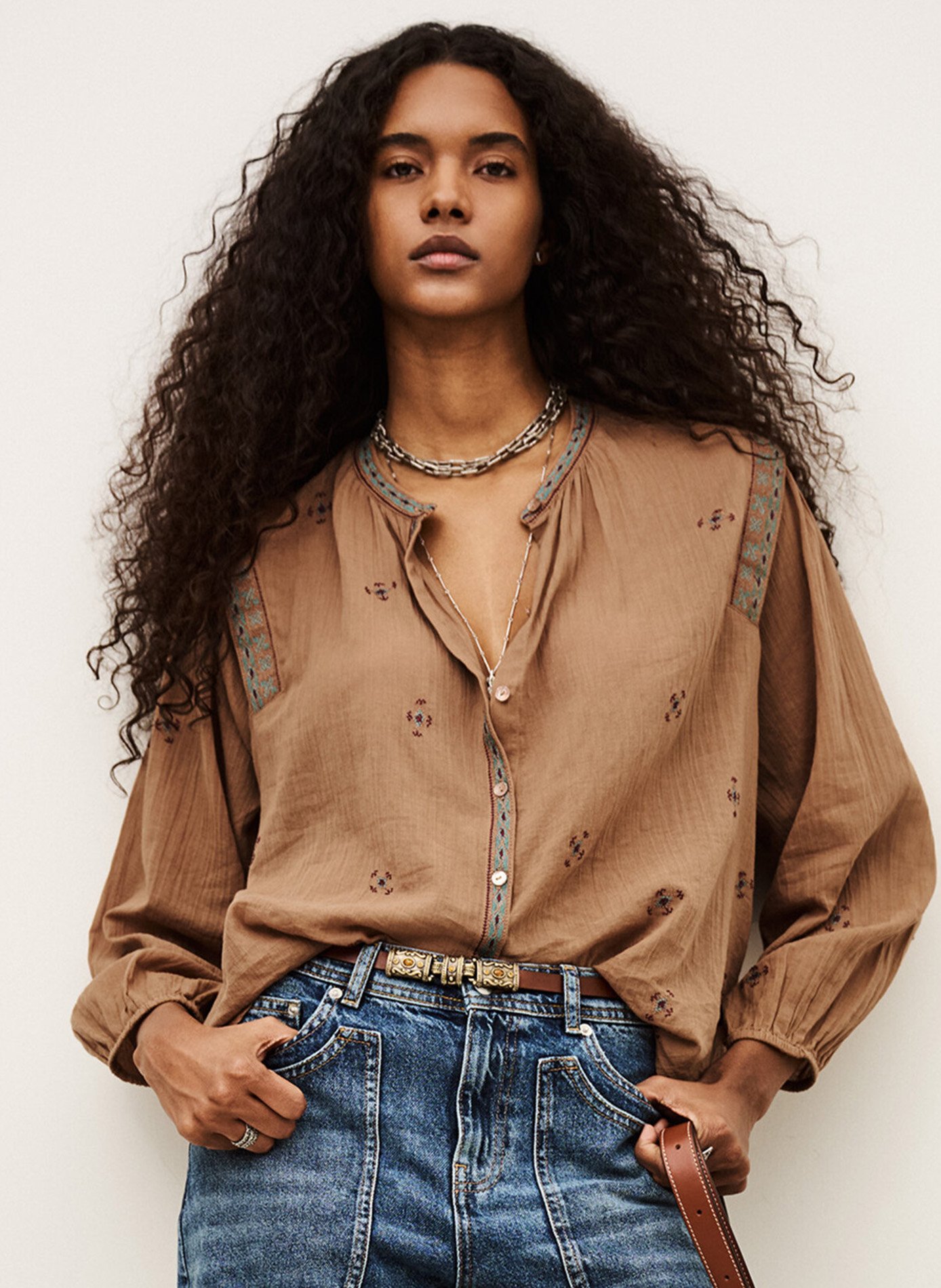 Chemise col rond en coton BA&SH Beige