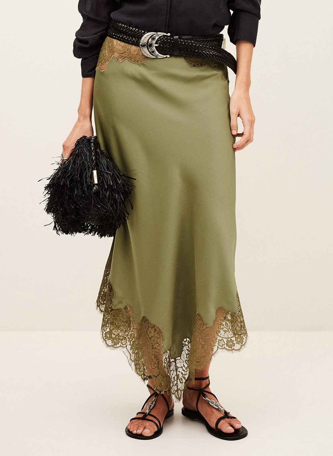 Lange asymmetrische rok met kant BA&SH Kaki