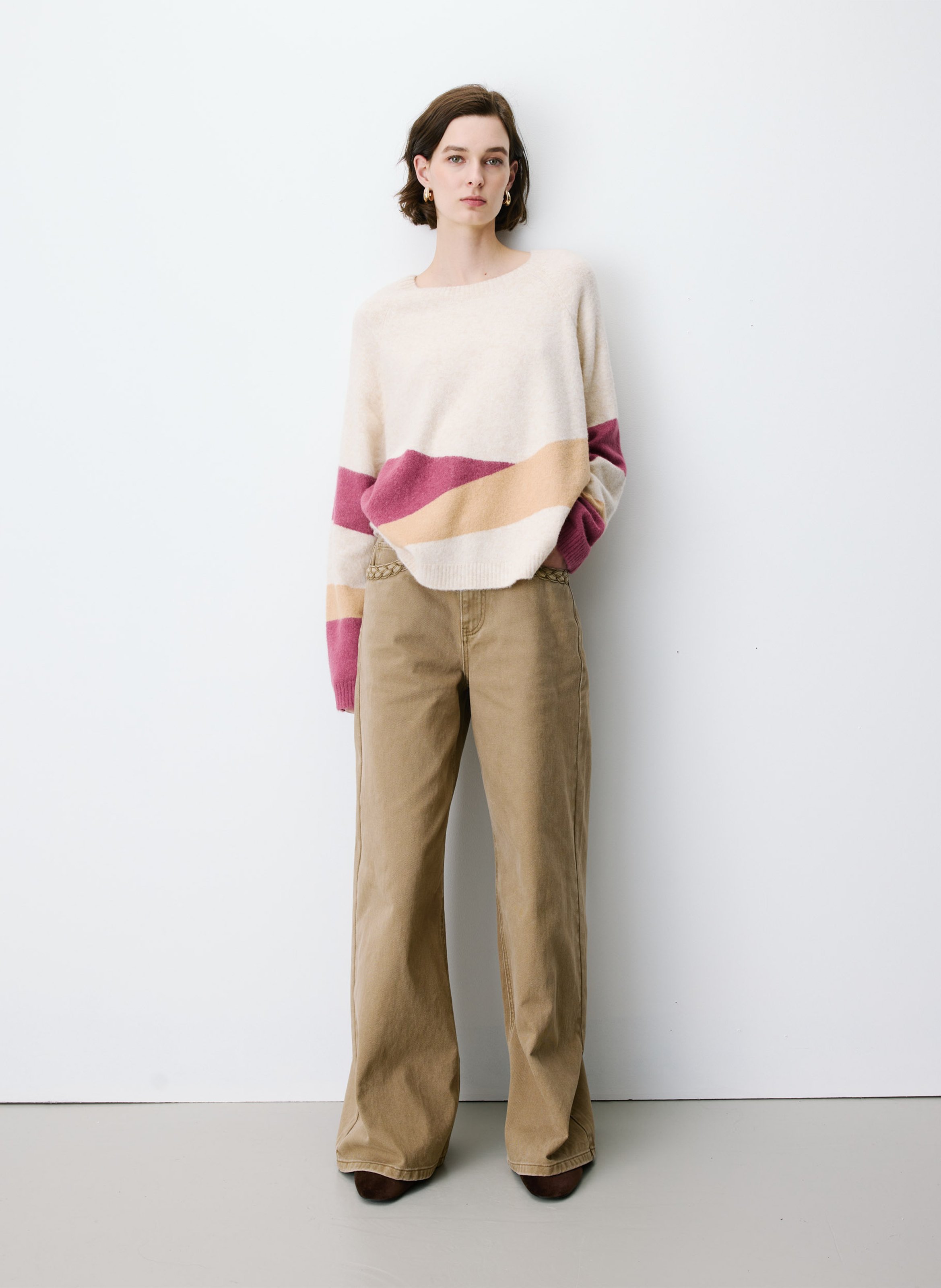 Pull droit col rond en maille jacquard GRACE ET MILA Beige
