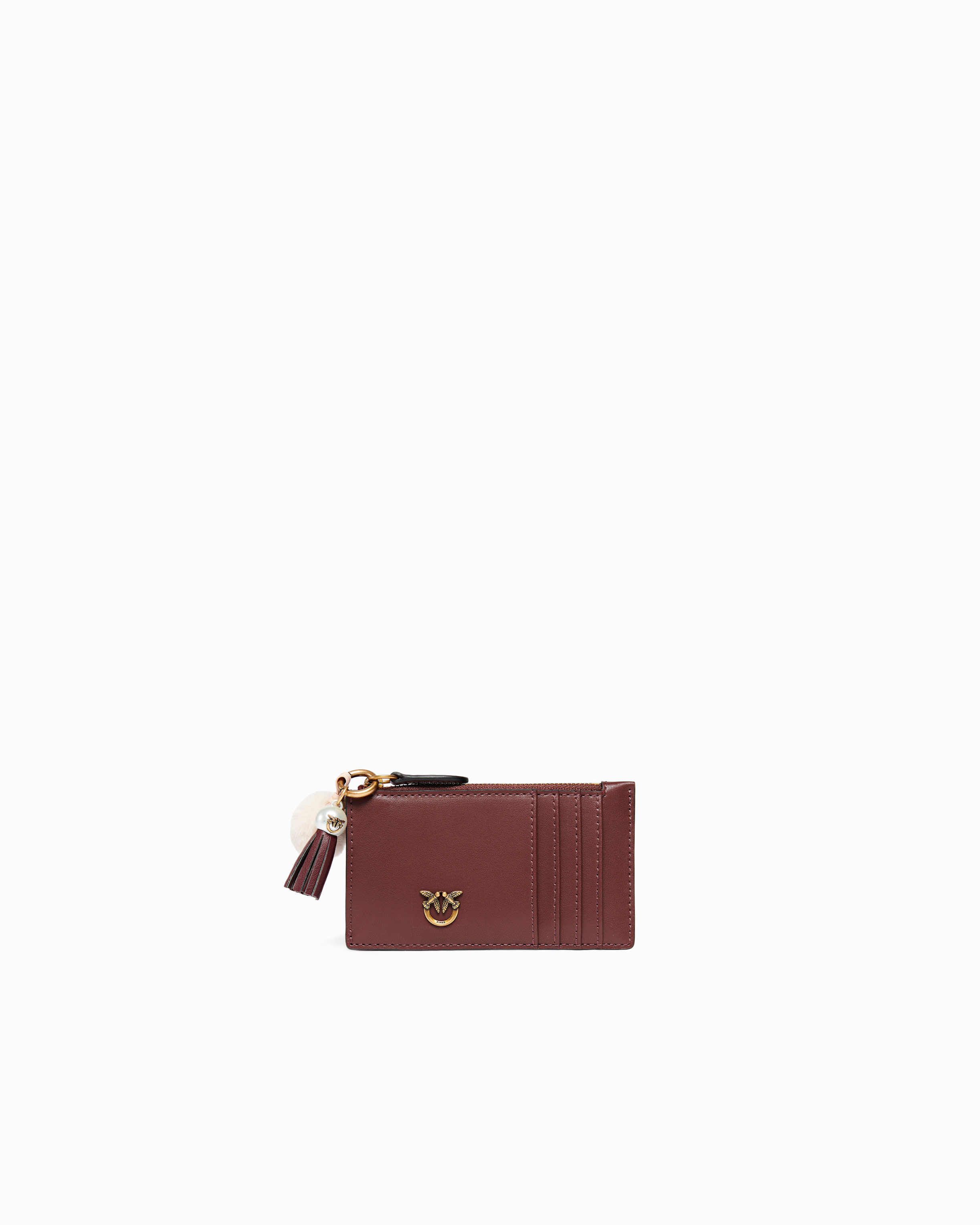 Leather card holder with pompom and tassel PINKO