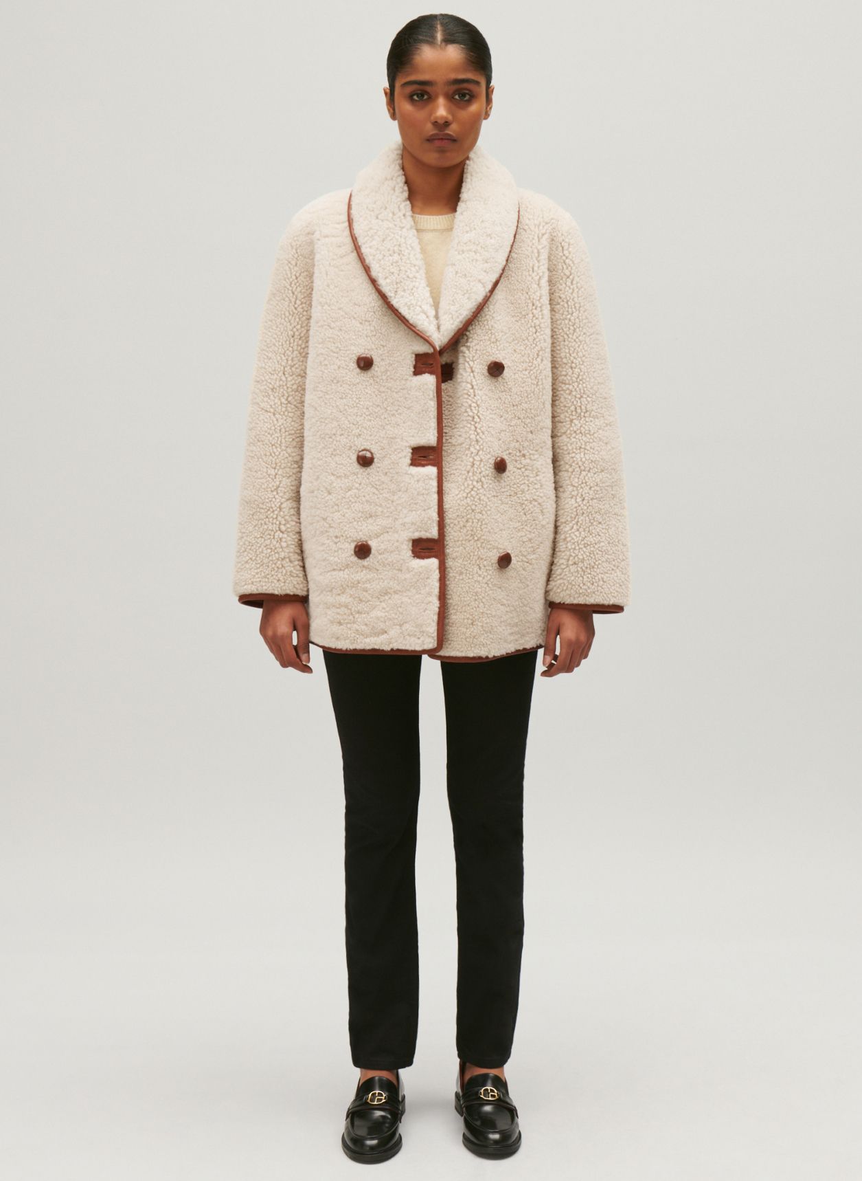 Wool And Leather Coat With Reversible Shawl Collar Ecru Claudie