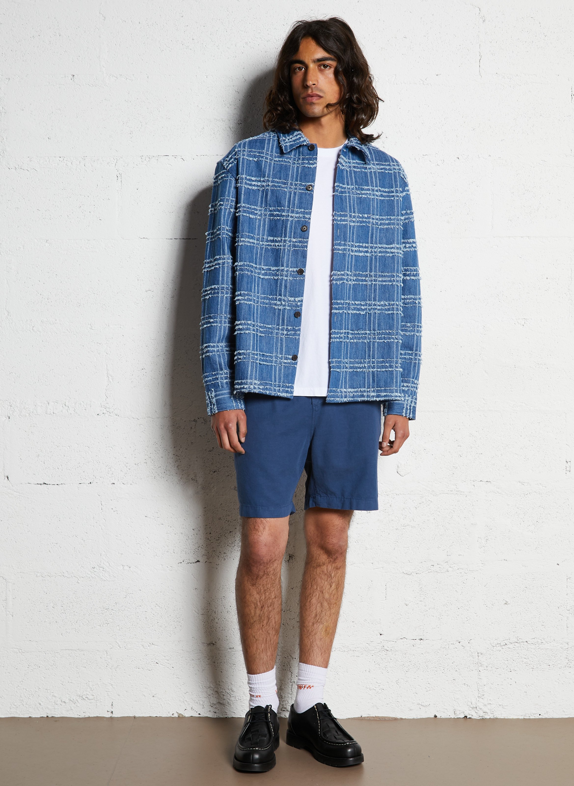 Veste col chemise à carreaux en jean Bleu