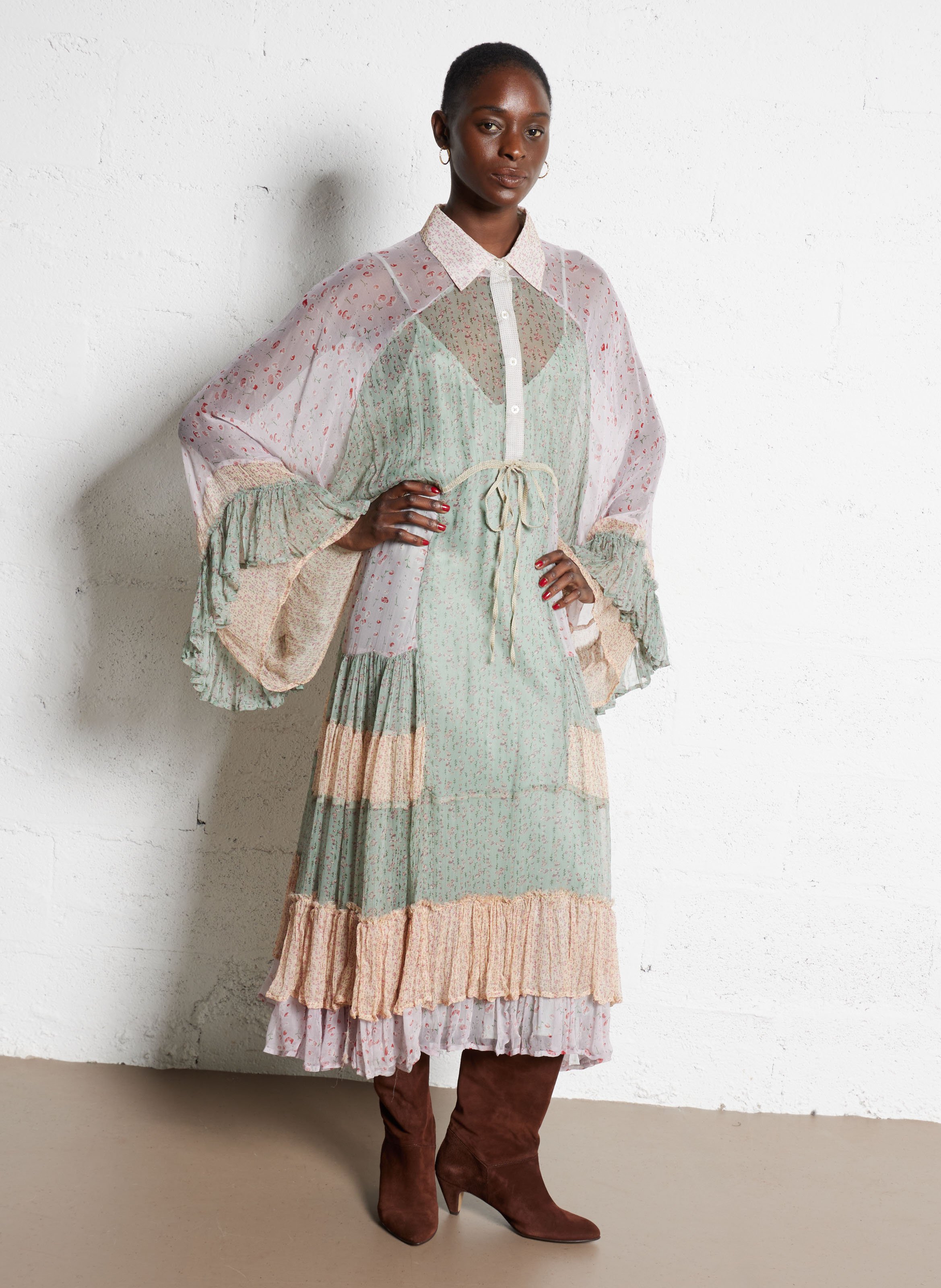 Robe longue col classique à imprimé fleuri MES DEMOISELLES Bleu