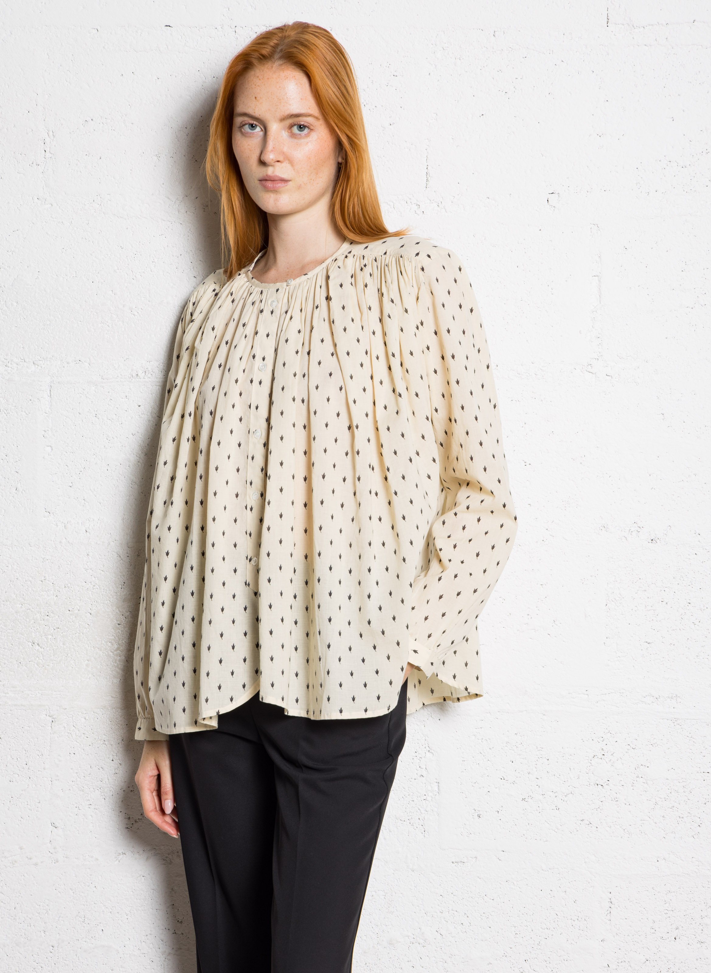 Wijde, katoenen blouse met ronde hals FEEKA Wit