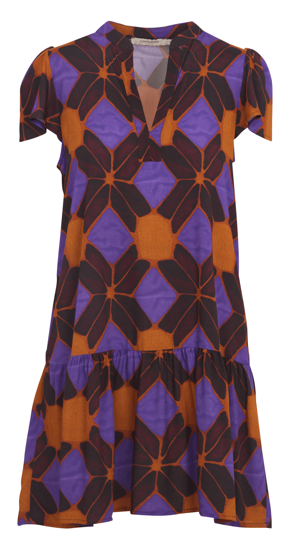 Korte jurk met Tunische kraag, bedrukt en gerimpeld. LA FEE MARABOUTEE Veelkleurig