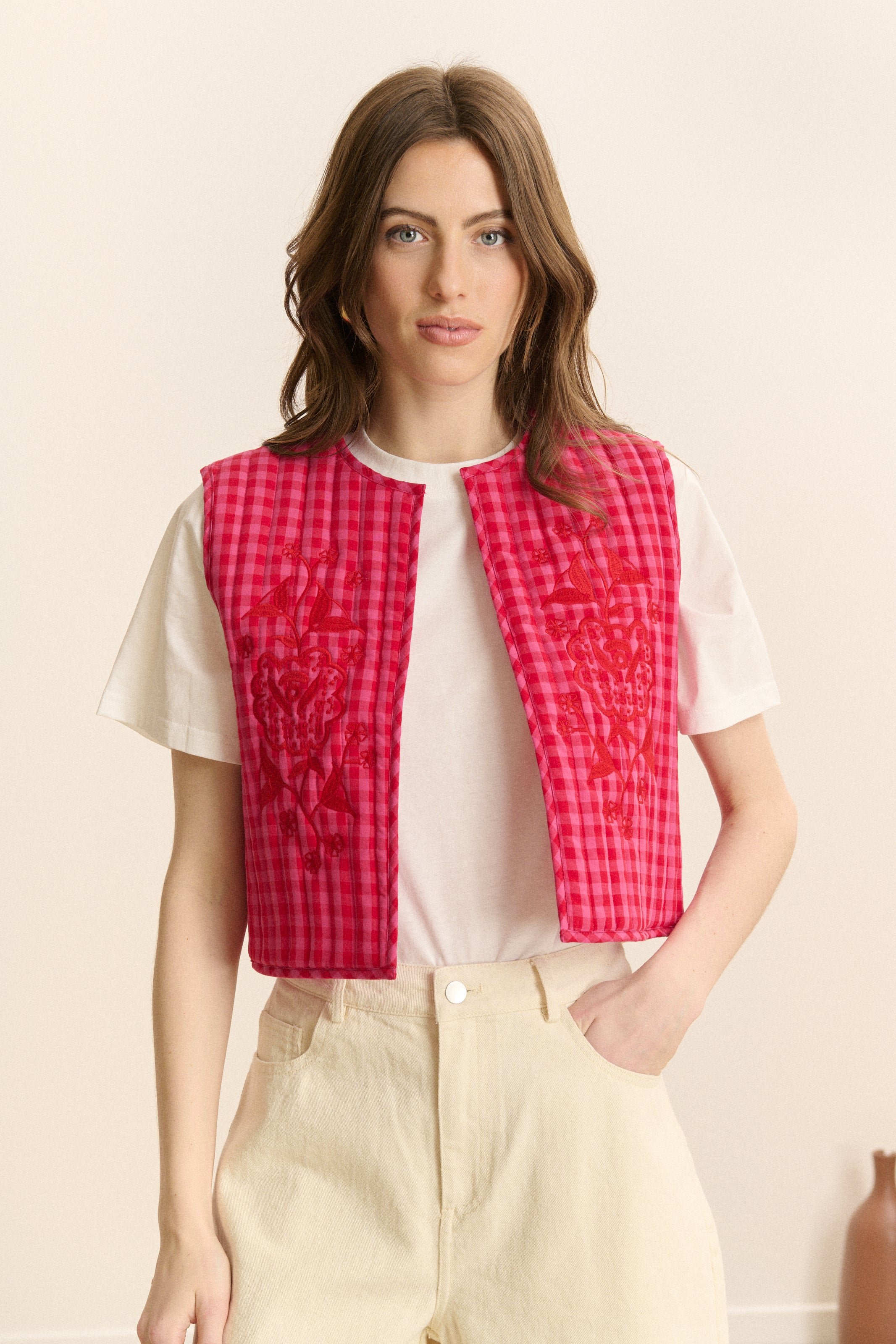 Checkered Sleeveless Quilted Vest GARANCE PARIS Pink