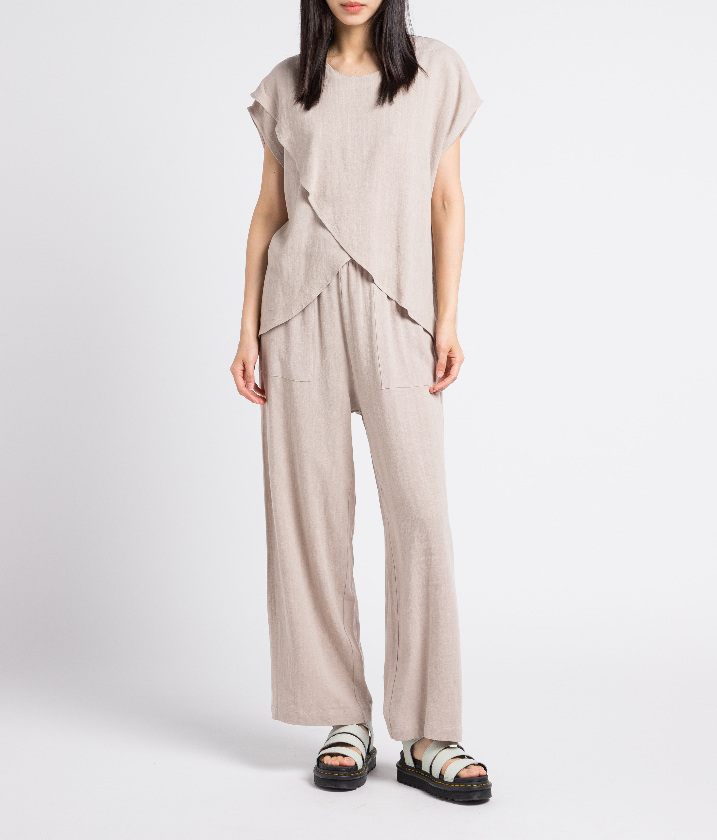 Top holgado liso con escote redondo Beige