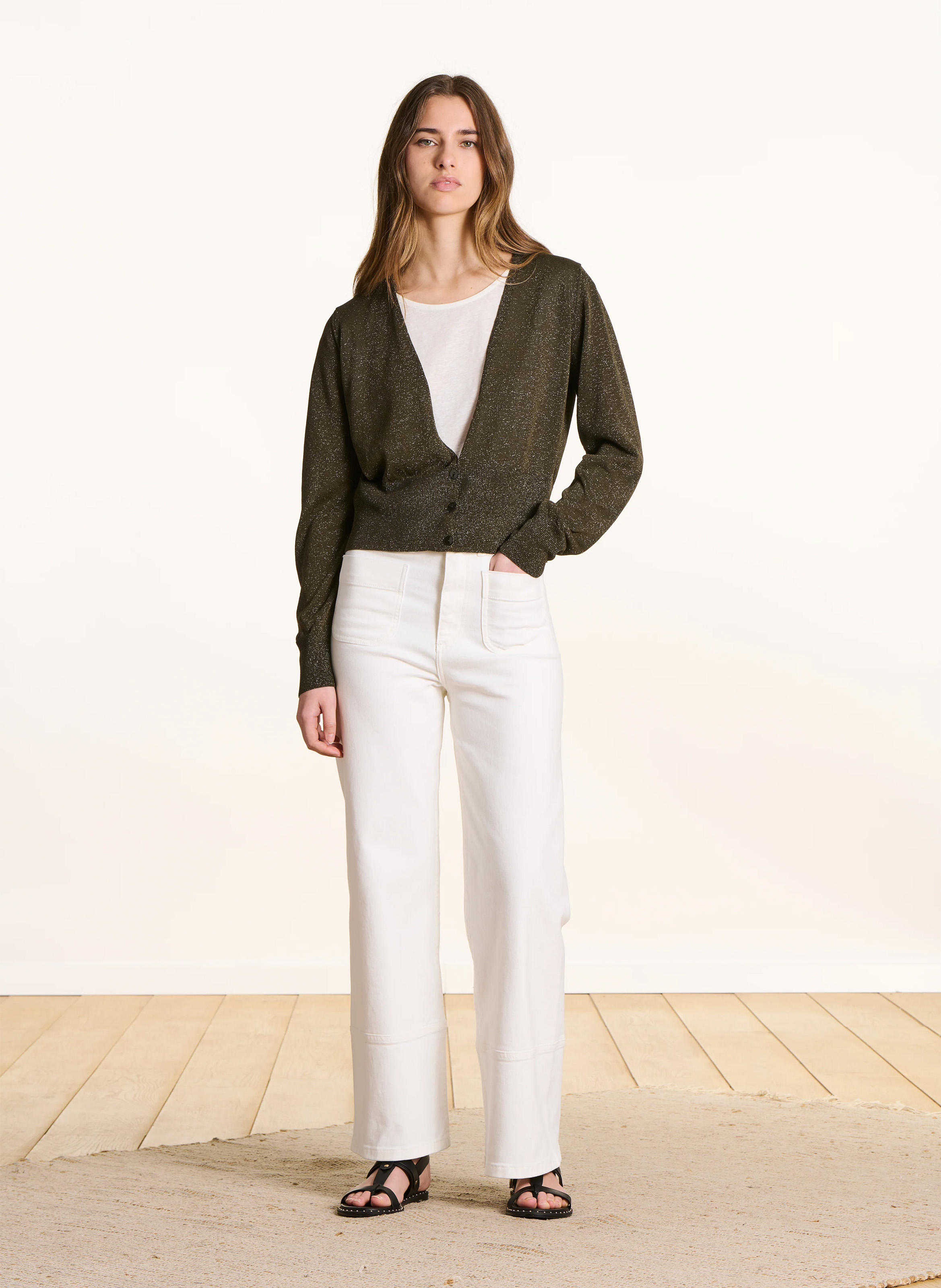 Straight V-neck vest in metallic knit LA FEE MARABOUTEE Green