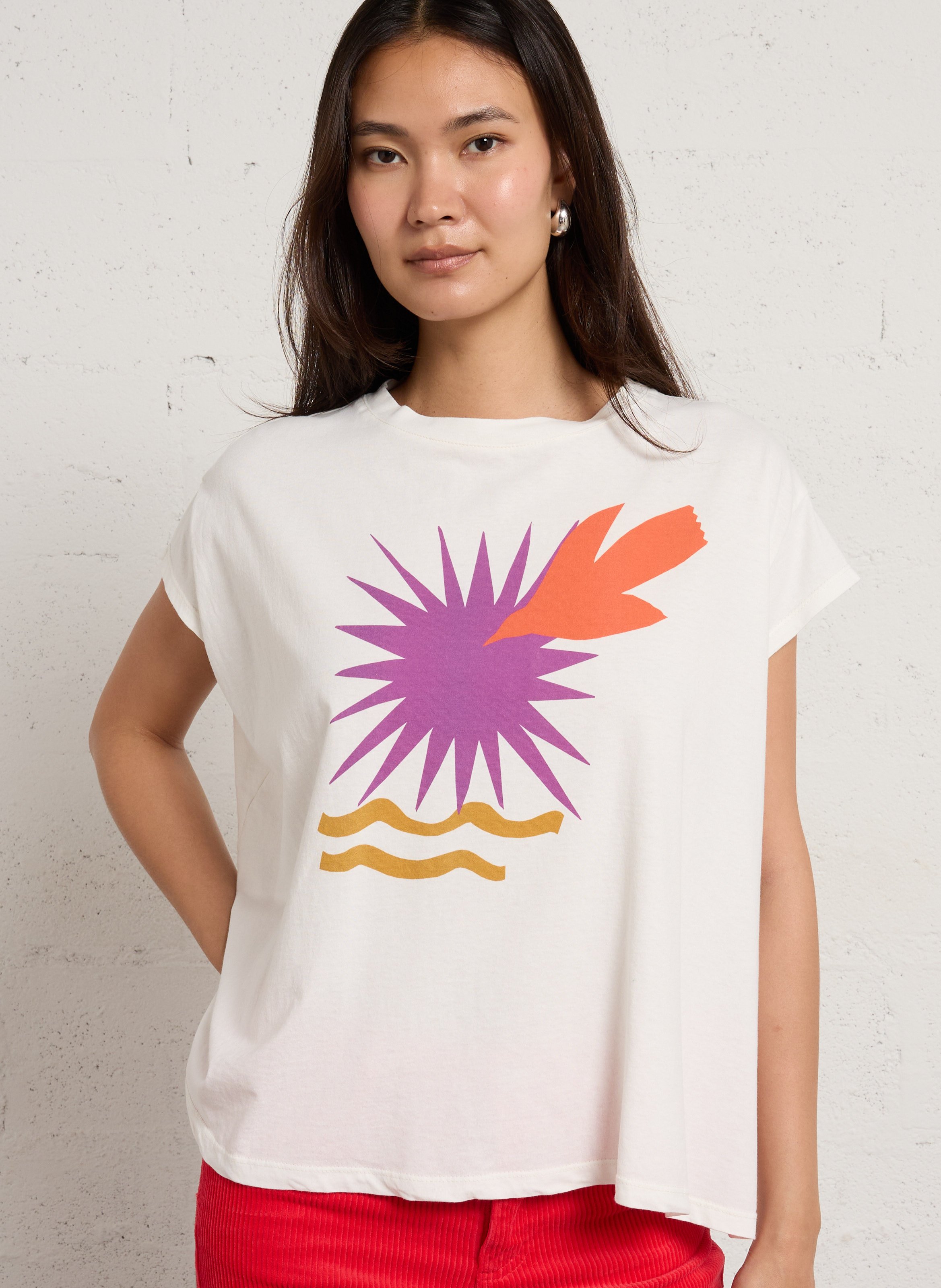 Rundhalsausschnitt T-Shirt mit Print aus Baumwolle TINSELS Weiss
