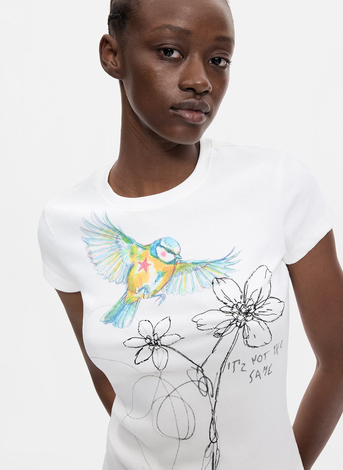Tee-shirt droit col rond imprimé DESIGUAL Blanc