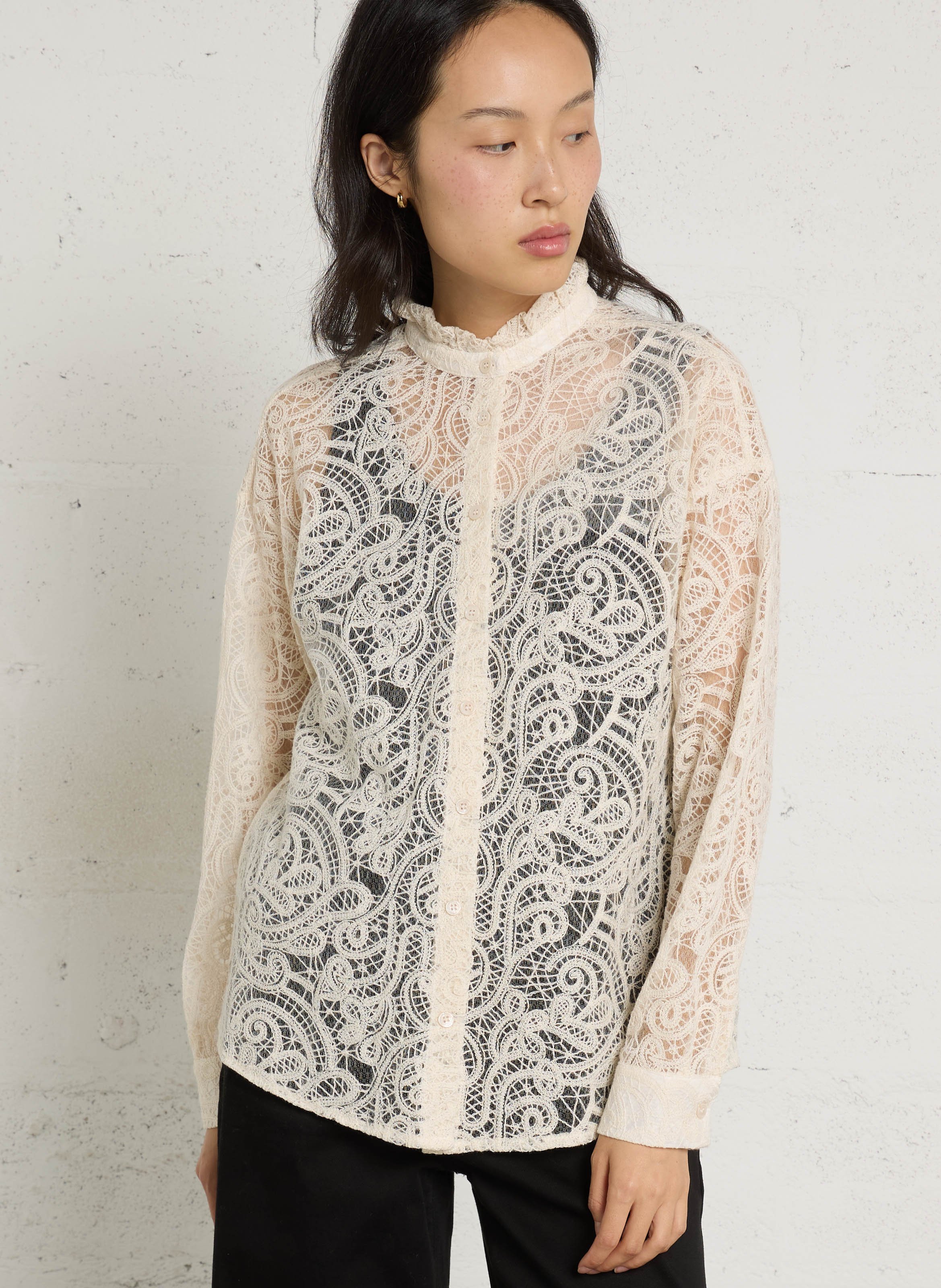High-neck blouse in cotton-blend lace-look fabric LA PETITE ETOILE Beige