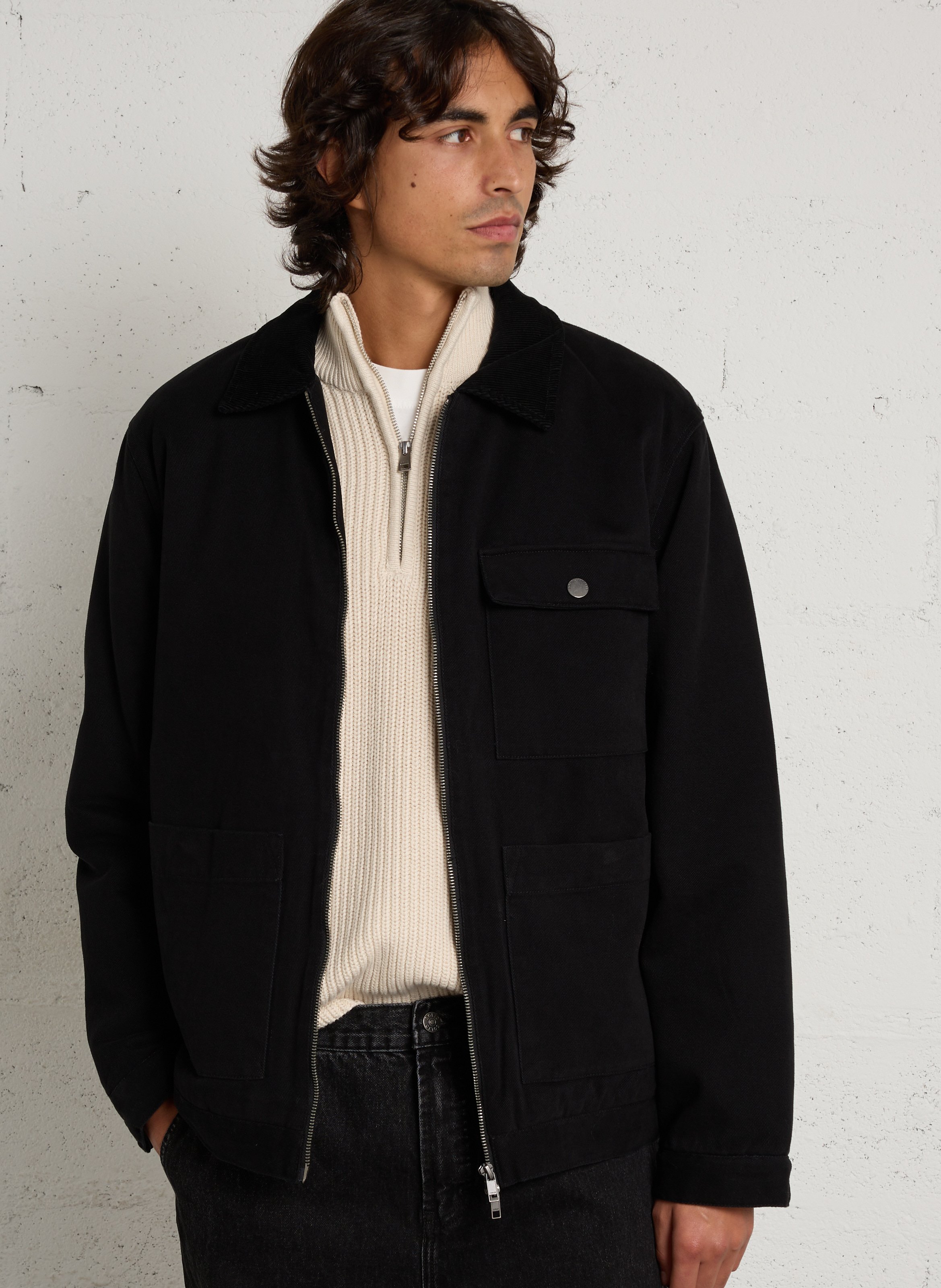 Veste droite col côtelé en coton SOLID Noir