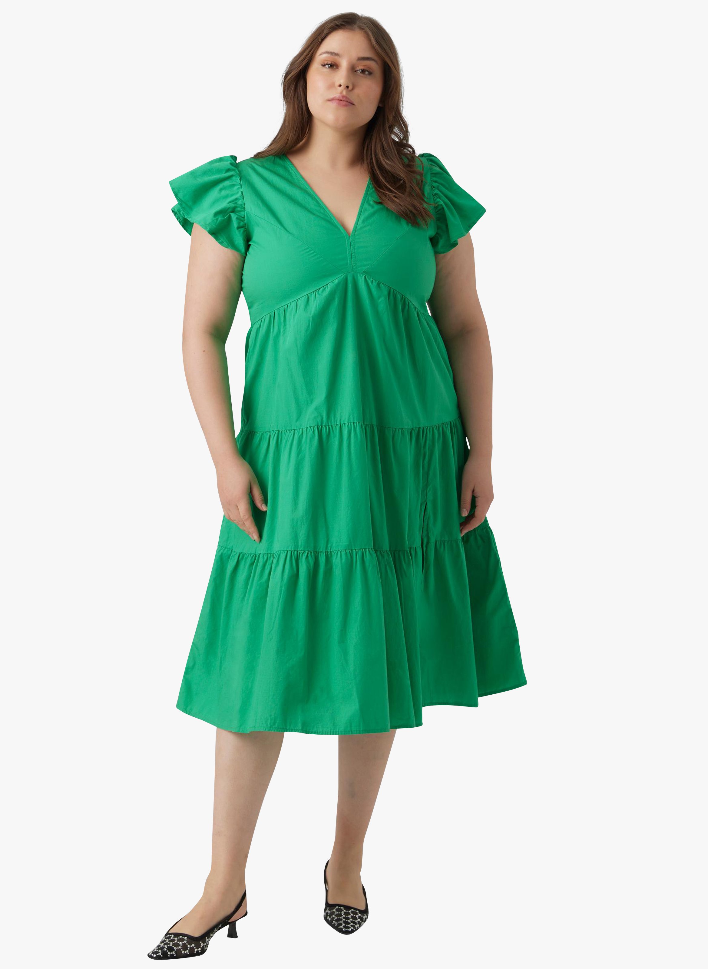 Flared cotton V-neck midi dress VERO MODA CURVE Green