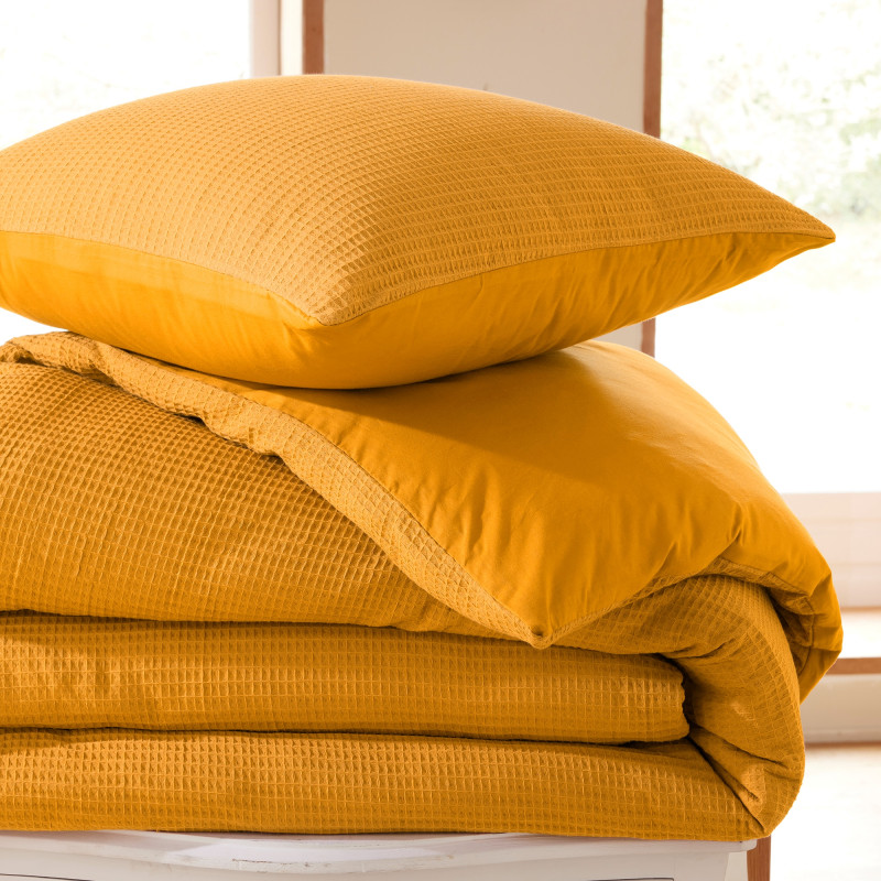 Honeycomb duvet cover set 260 x 240 for king size bed 160 to 180 cm COTON PUR Yellow