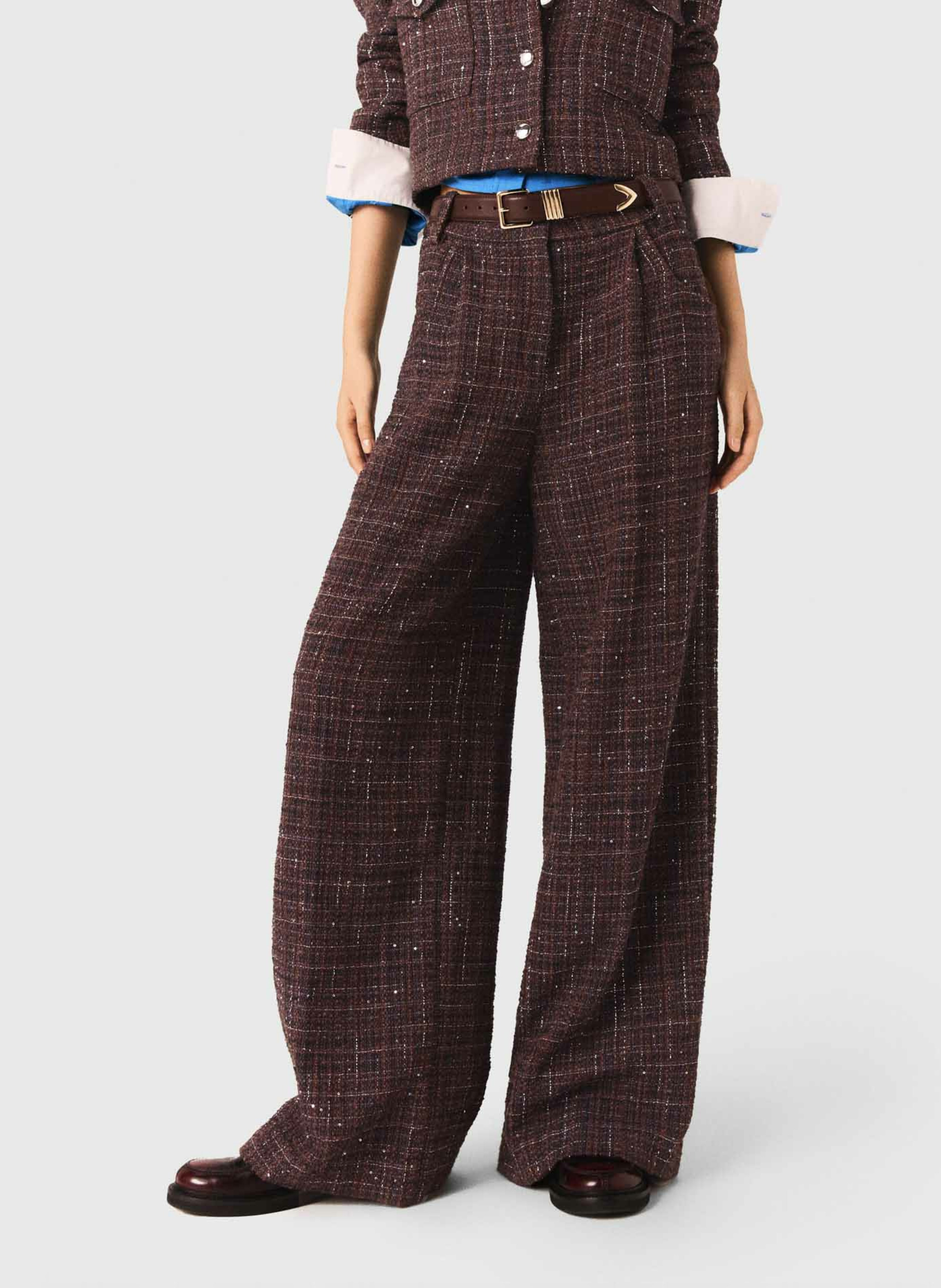 Pantalon droit taille haute en tweed MAJE Marron