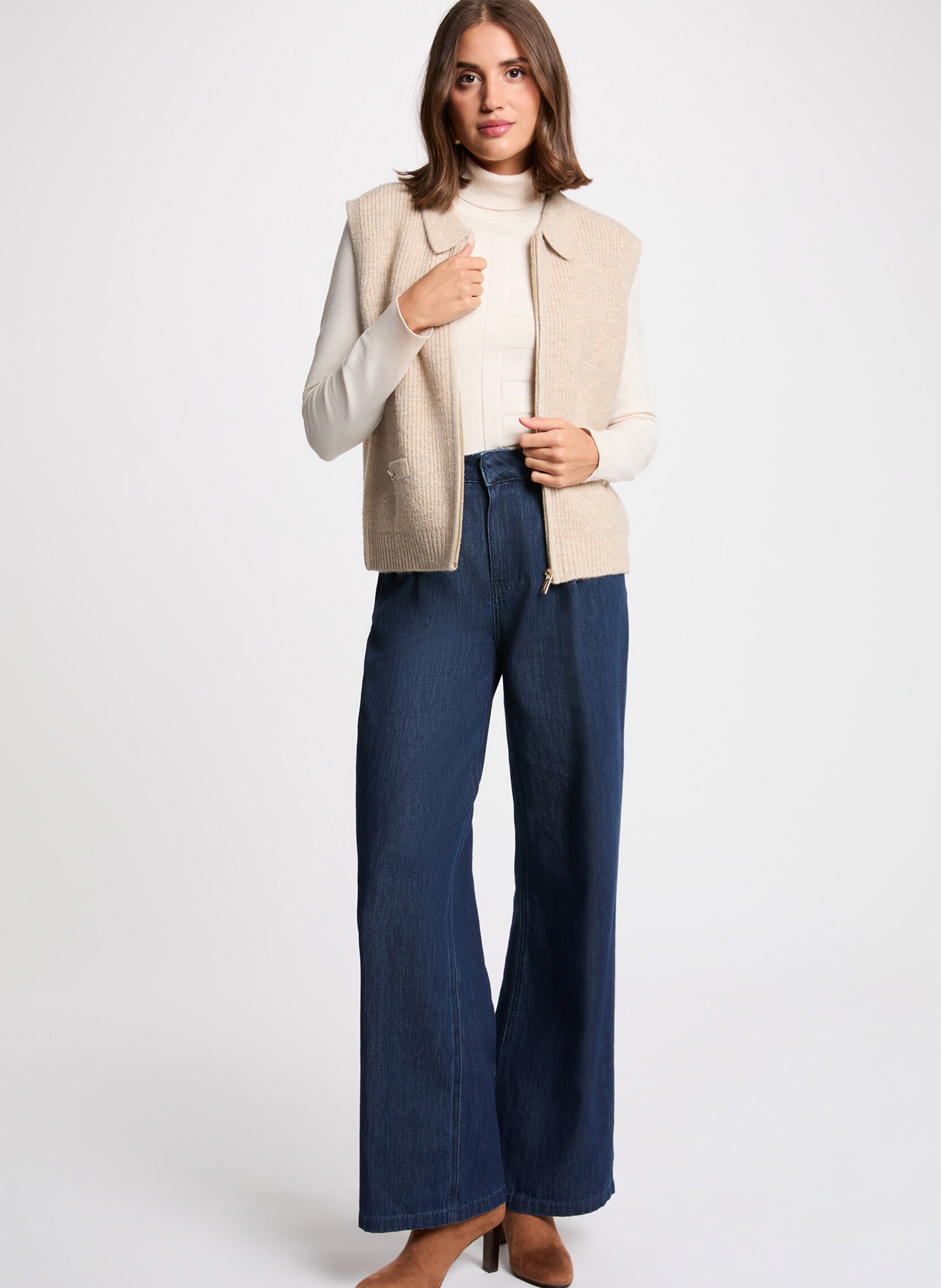 Gilet droit zippé à col revers MORGAN Beige