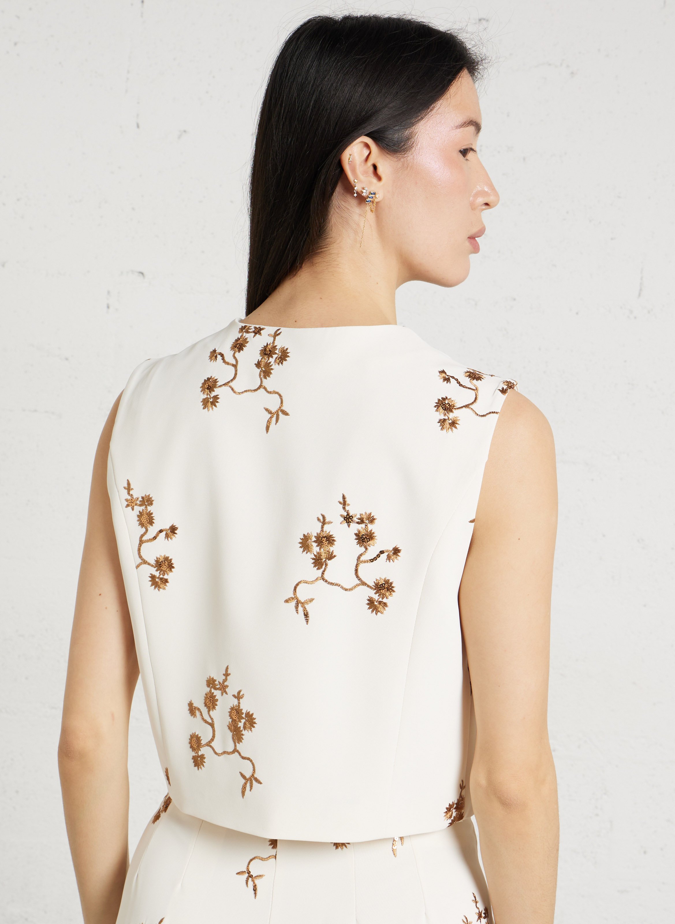 V-hals geborduurde rechte vest IMPERIAL Beige