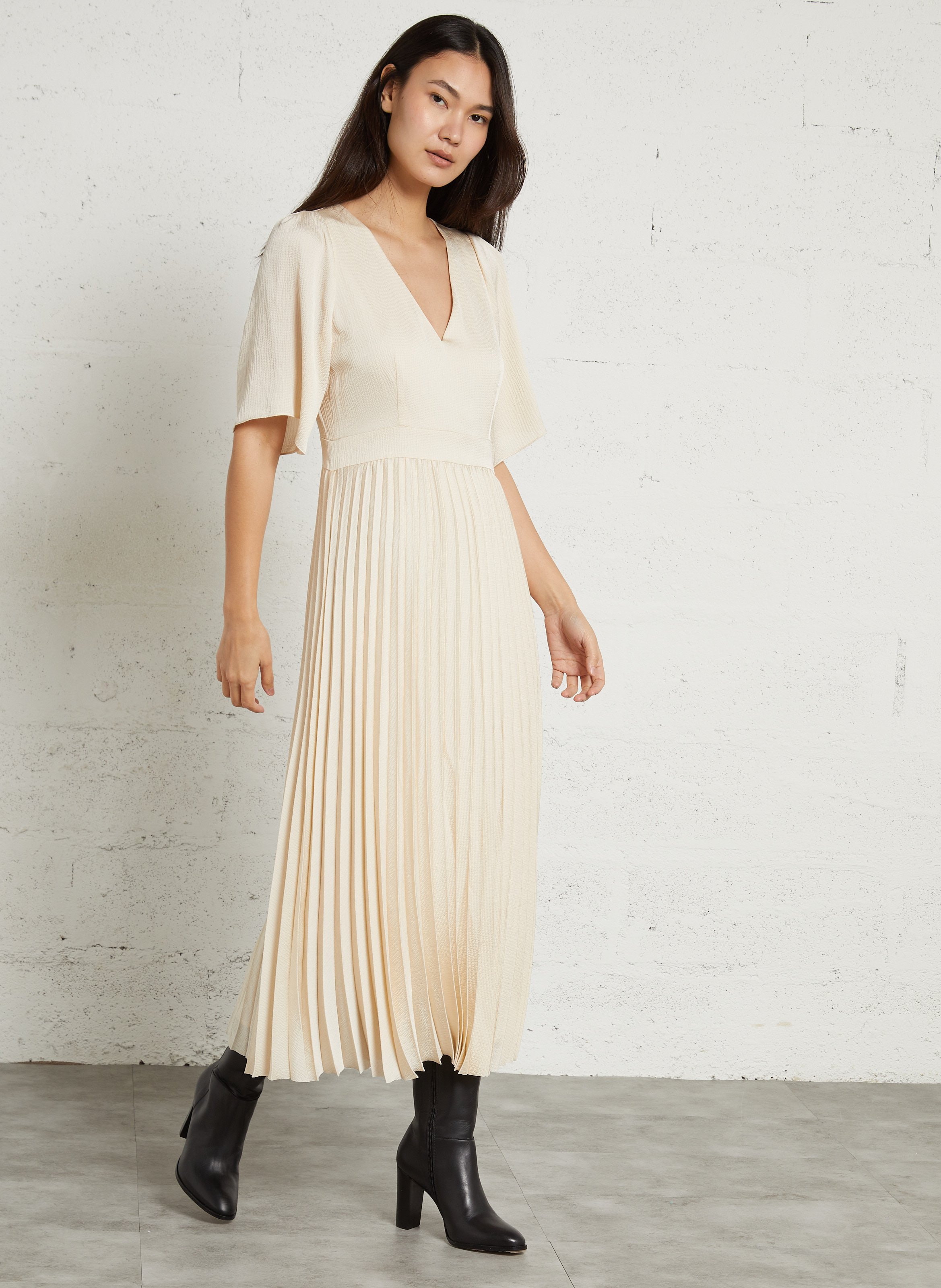 Robe longue col V plissée MAISON 123 Beige