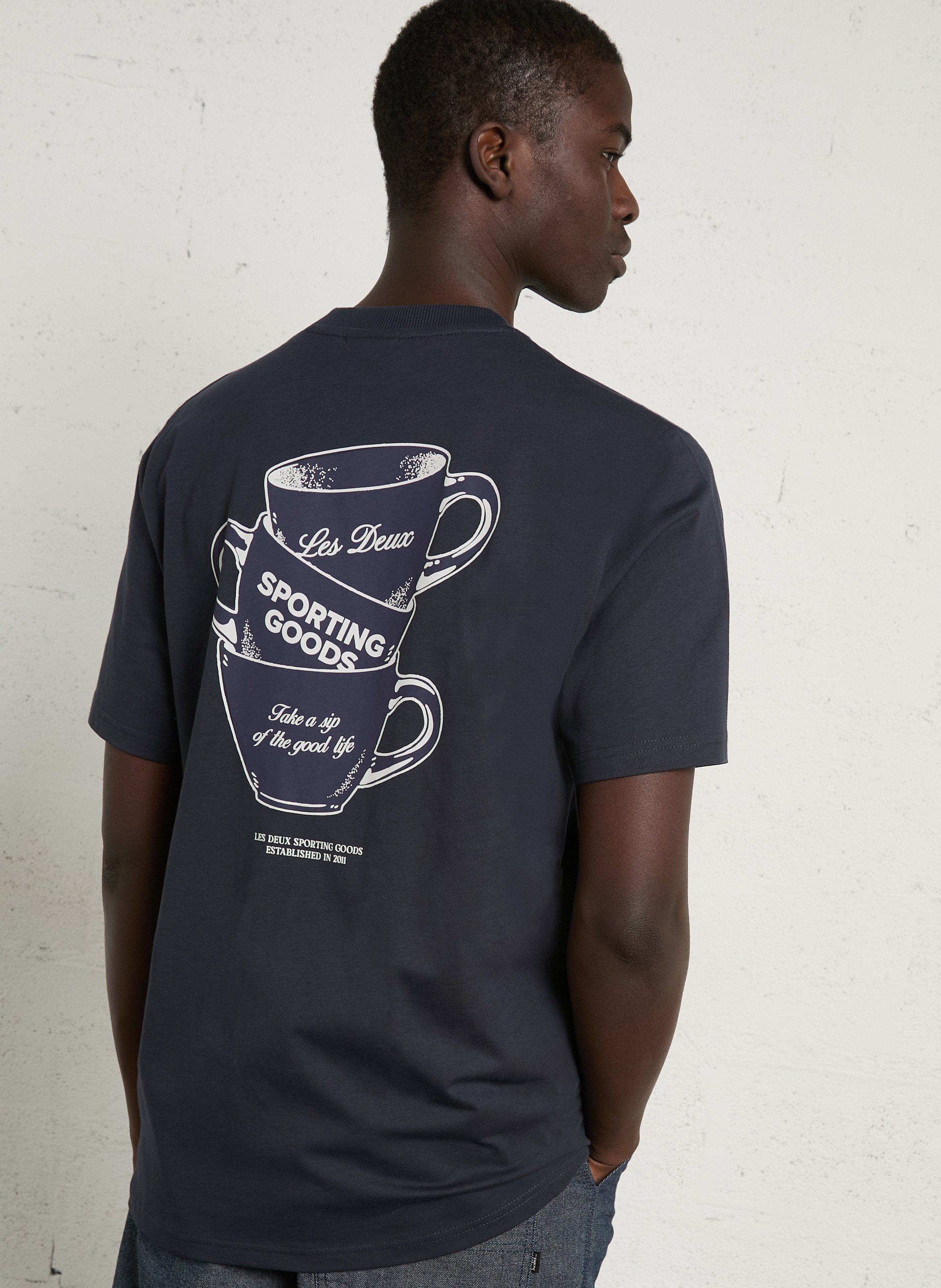 Straight round-neck printed organic cotton T-shirt LES DEUX Blue