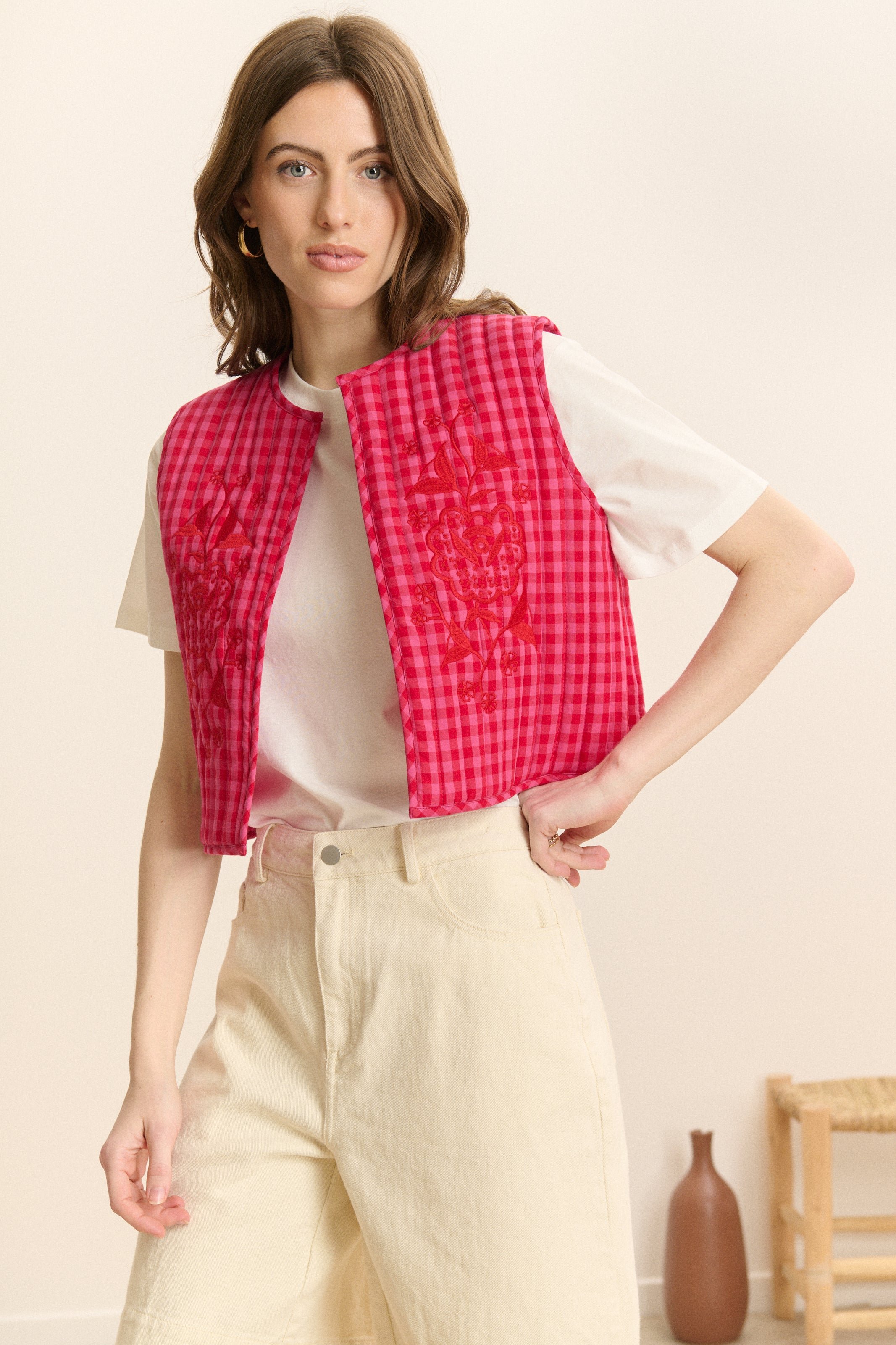 Checkered Sleeveless Quilted Vest GARANCE PARIS Pink