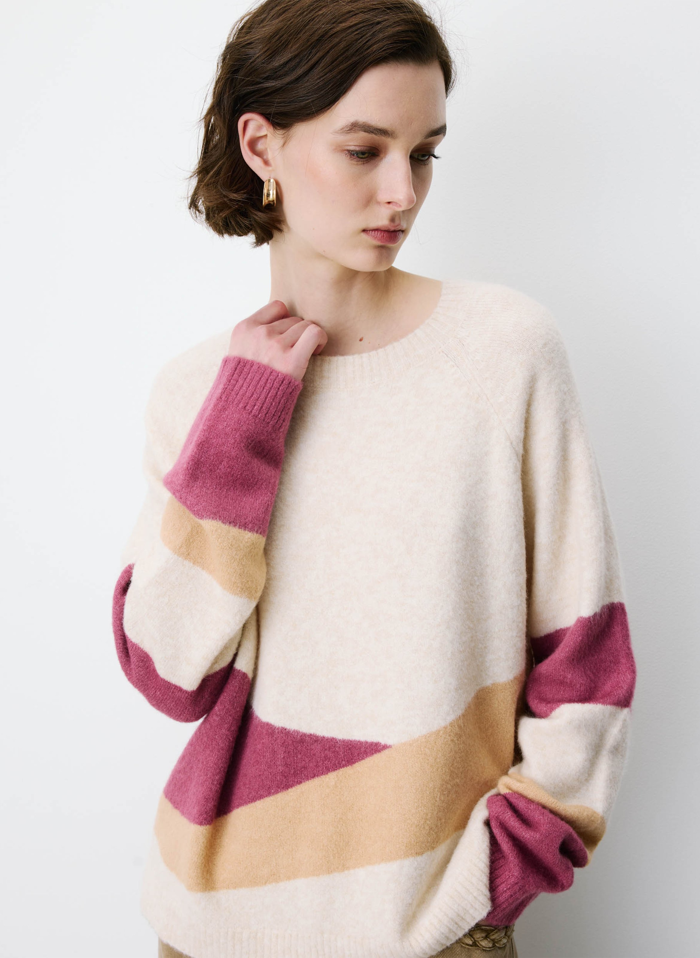 Pull droit col rond en maille jacquard GRACE ET MILA Beige