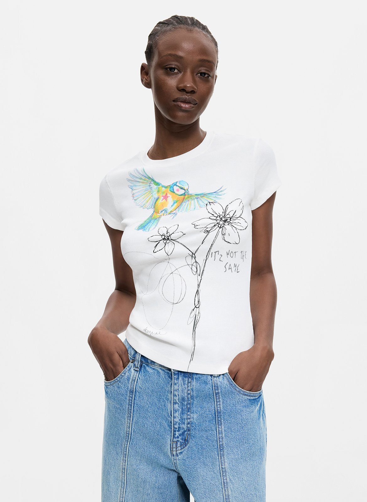 Tee-shirt droit col rond imprimé DESIGUAL Blanc