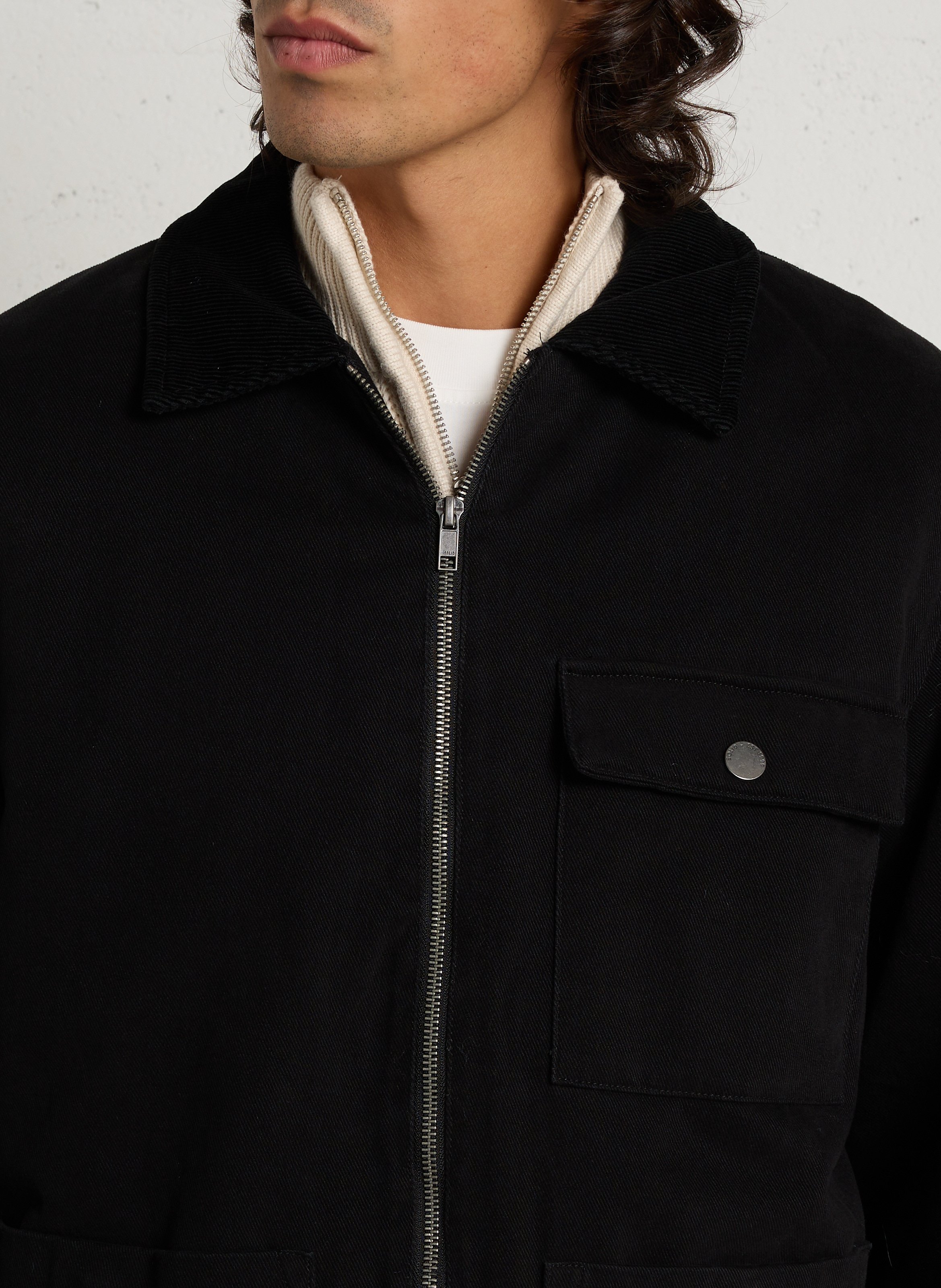 Veste droite col côtelé en coton SOLID Noir
