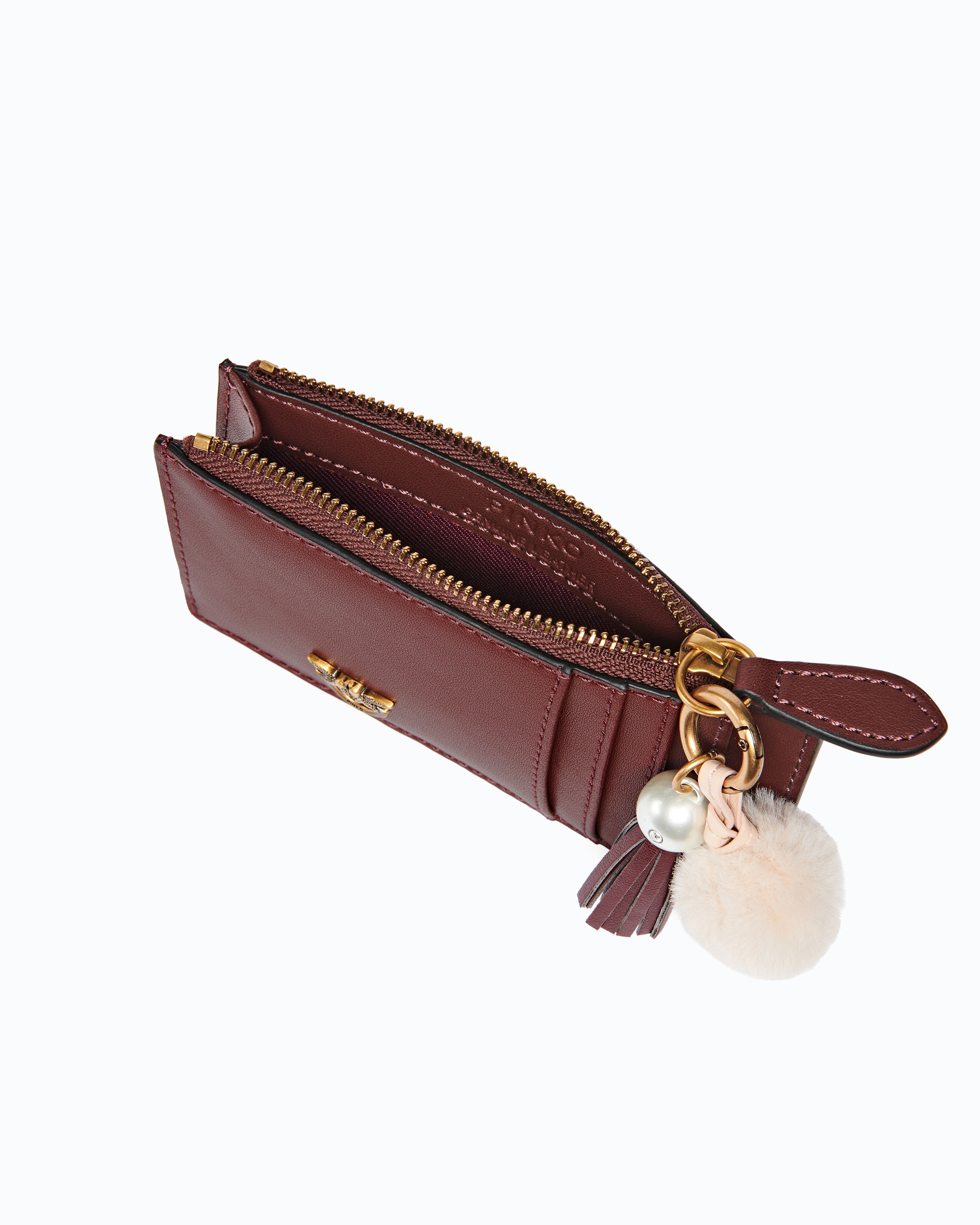Leather card holder with pompom and tassel PINKO Brown