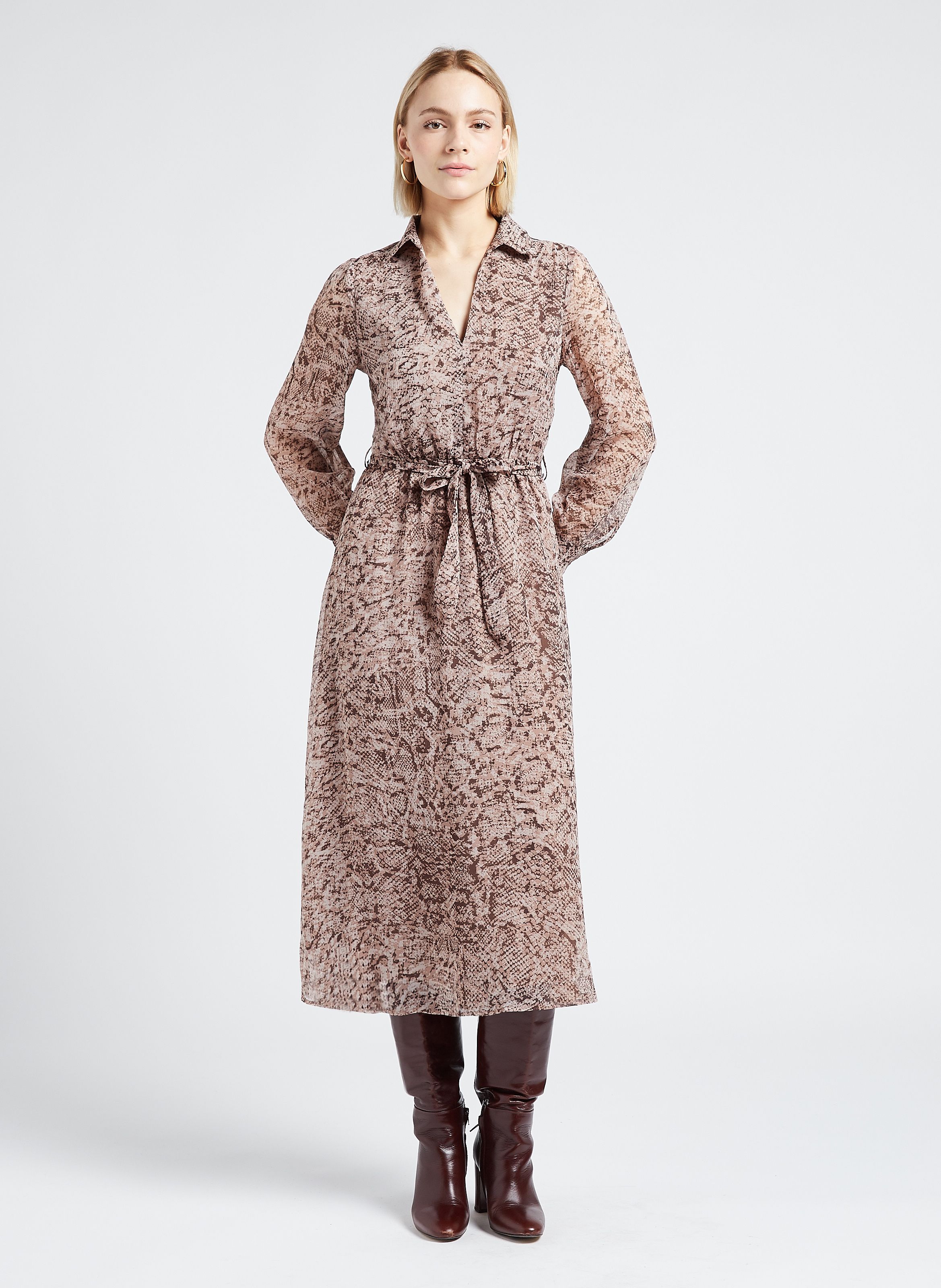 Robe Mi longue Col Italien Imprim e Lorette Beige Grace Et Mila