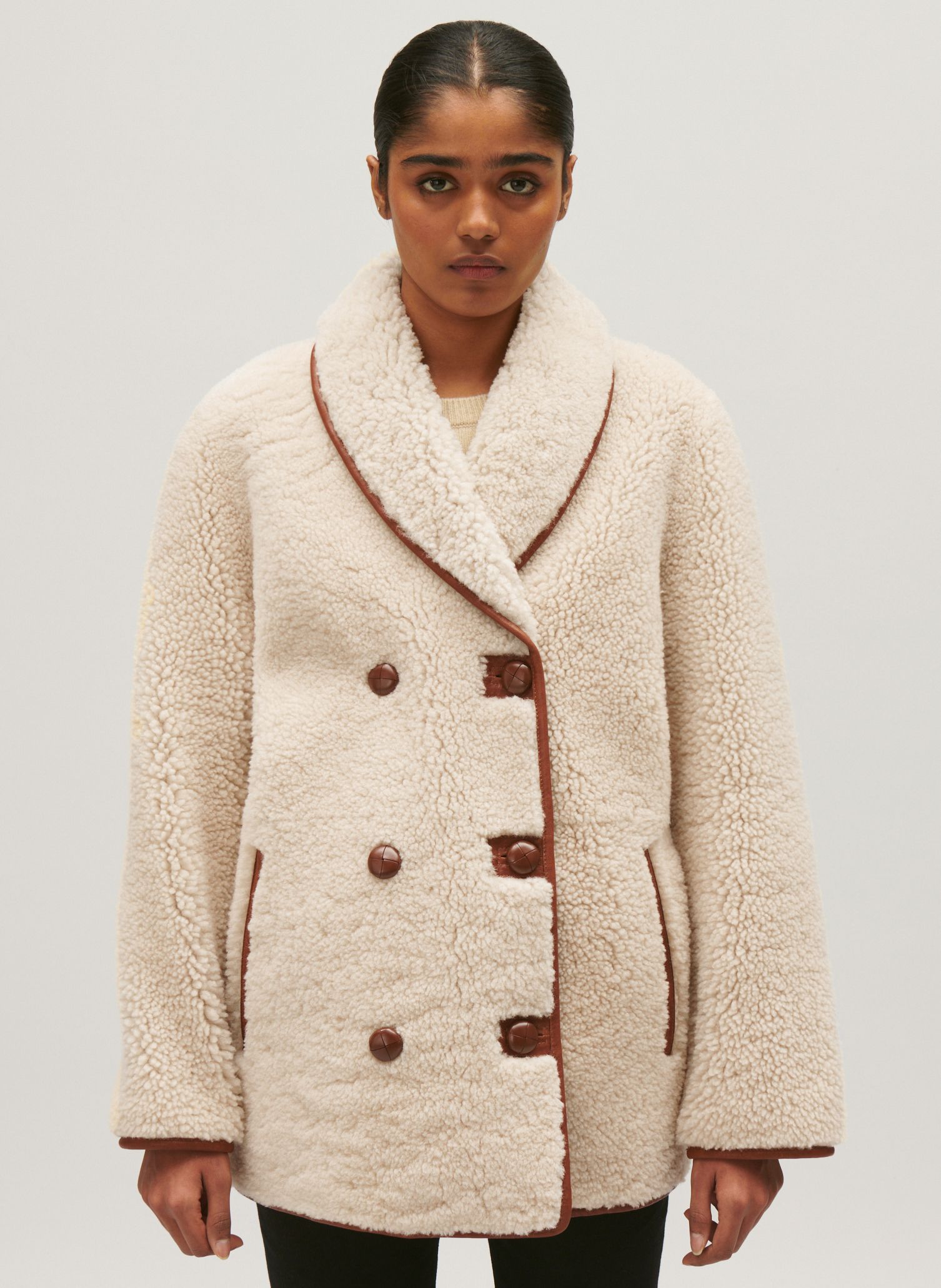 White Wool and leather coat with reversible shawl collar