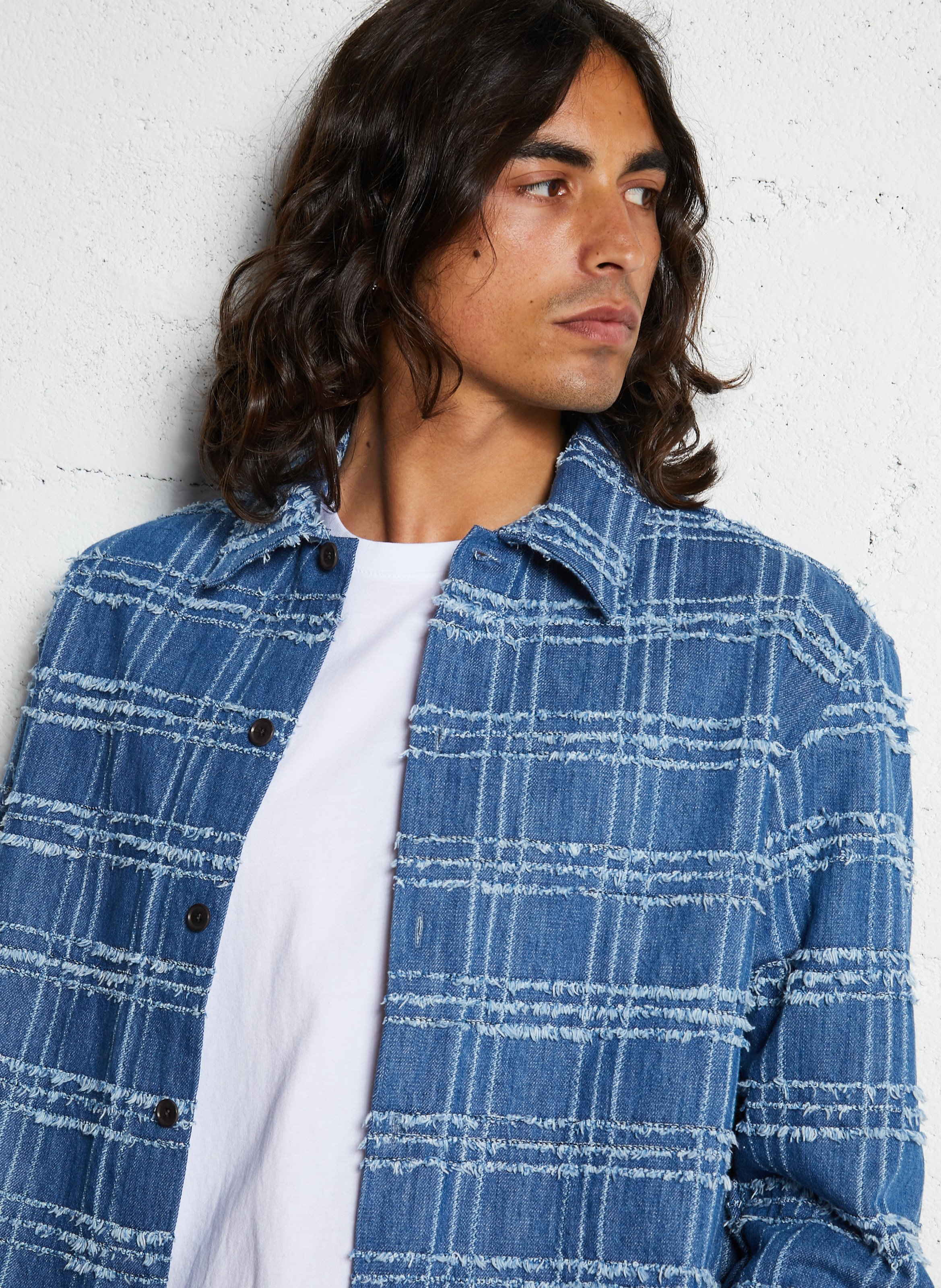 Veste col chemise à carreaux en jean Bleu