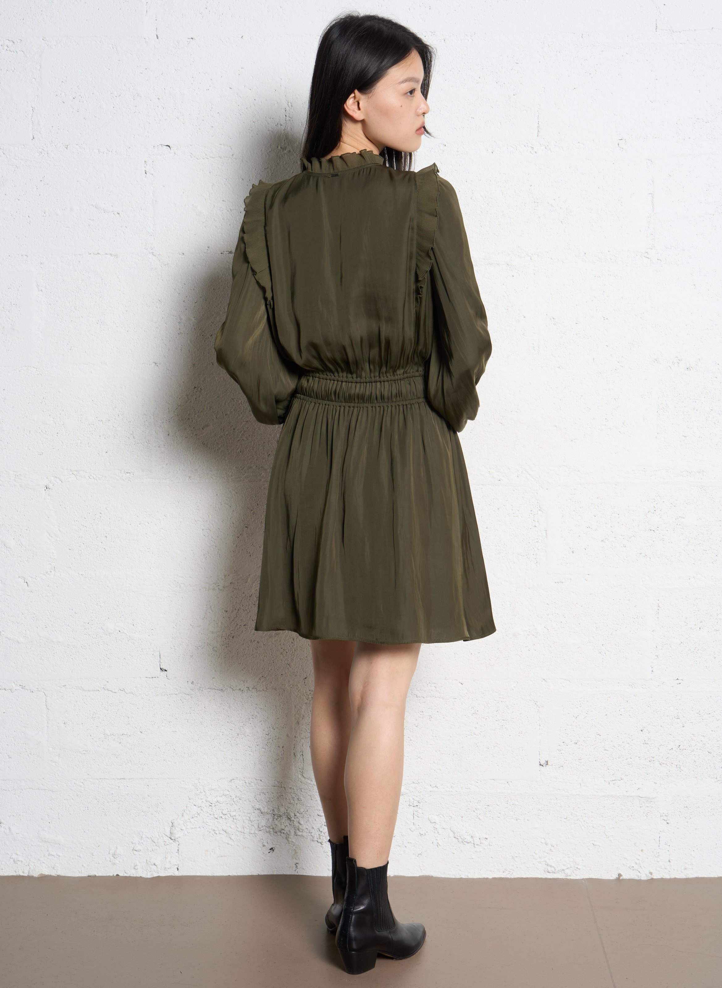Short satin V-neck dress IKKS Khaki