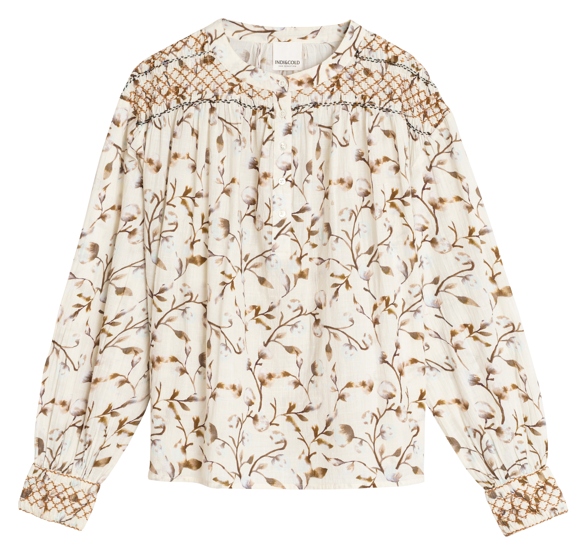 Loose-fit cotton blouse with round neck INDI &amp; COLD Brown