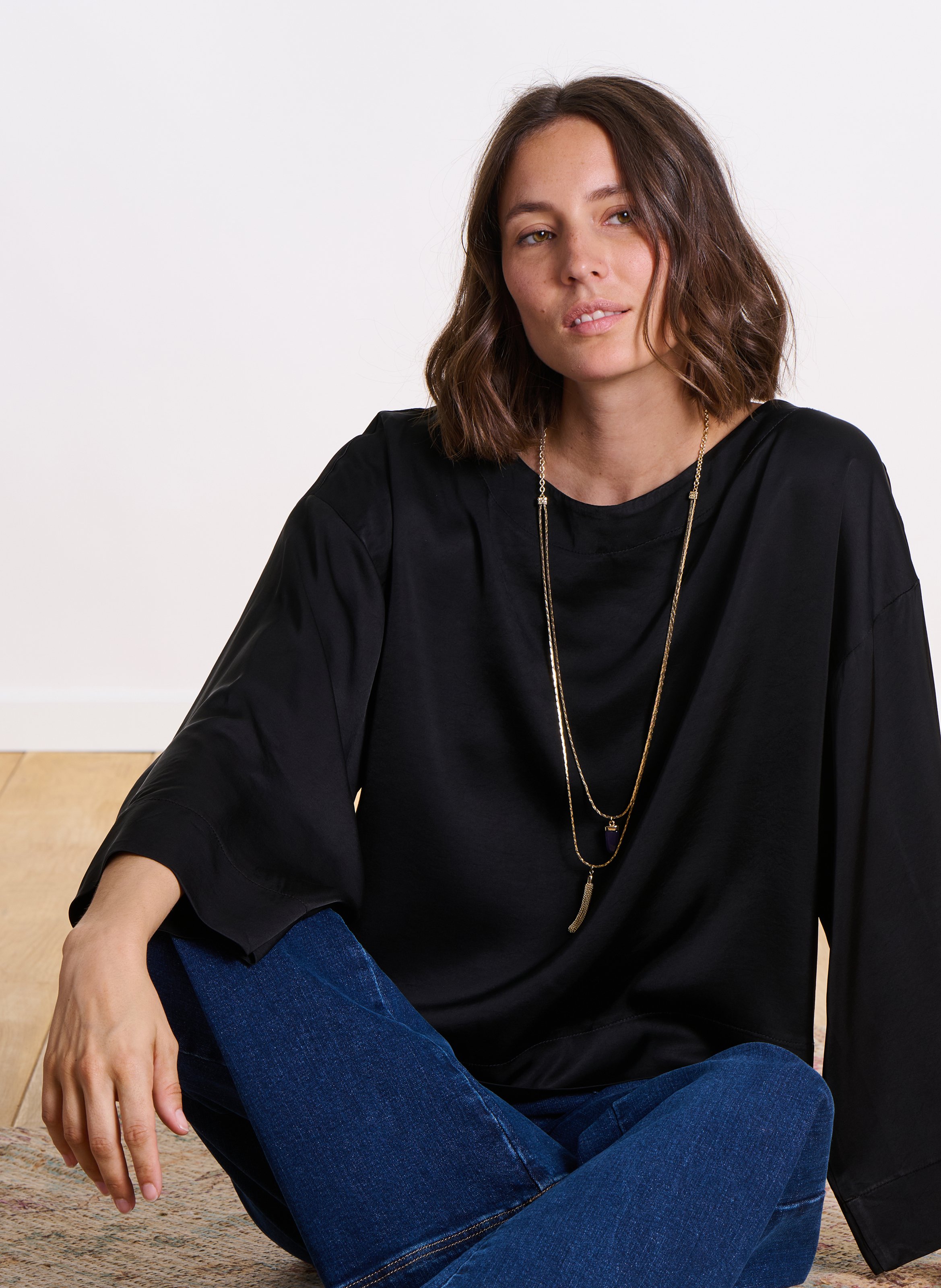 Loose fit boat neck satin top LA FEE MARABOUTEE Black