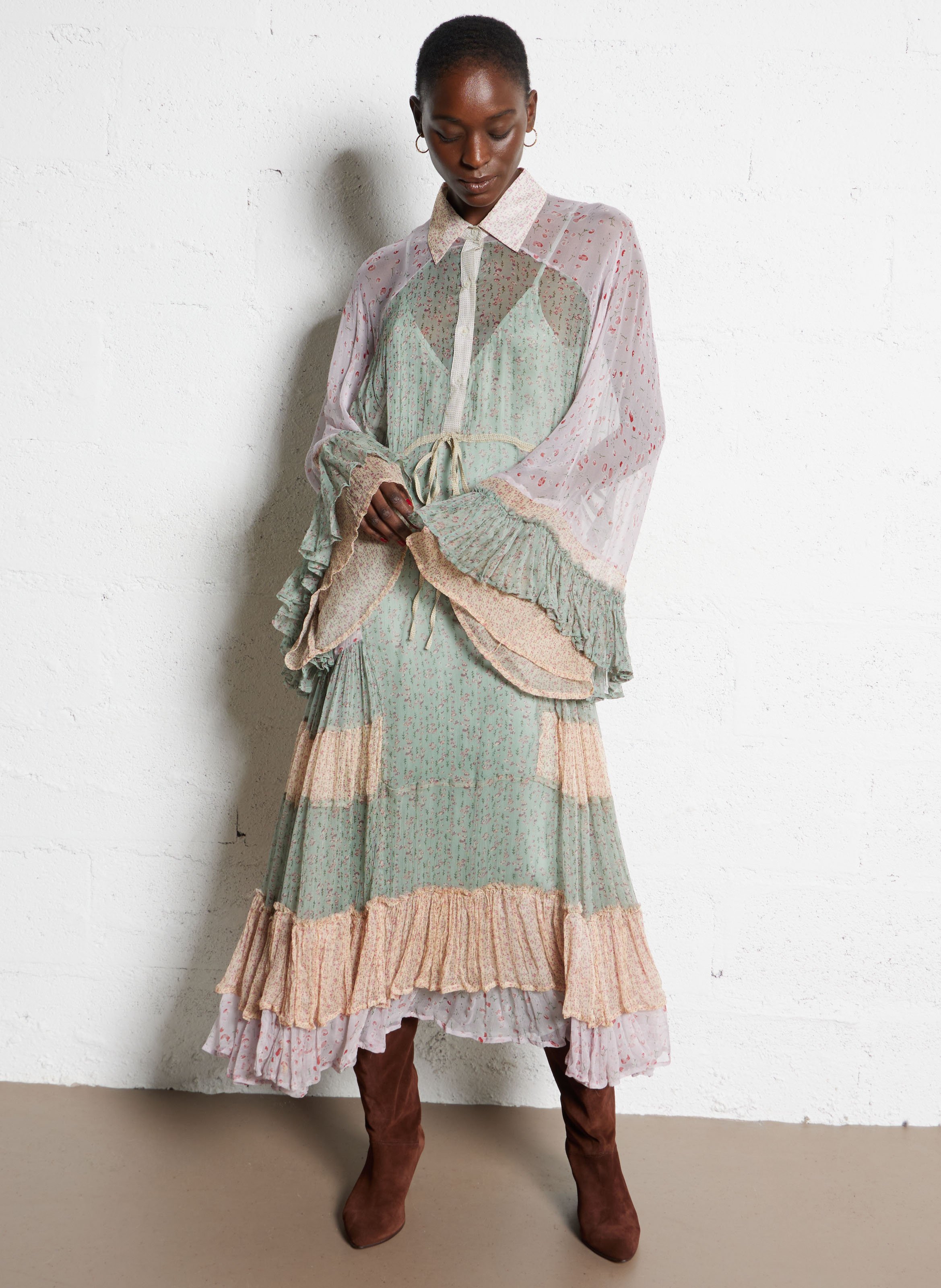 Robe longue col classique à imprimé fleuri MES DEMOISELLES Bleu