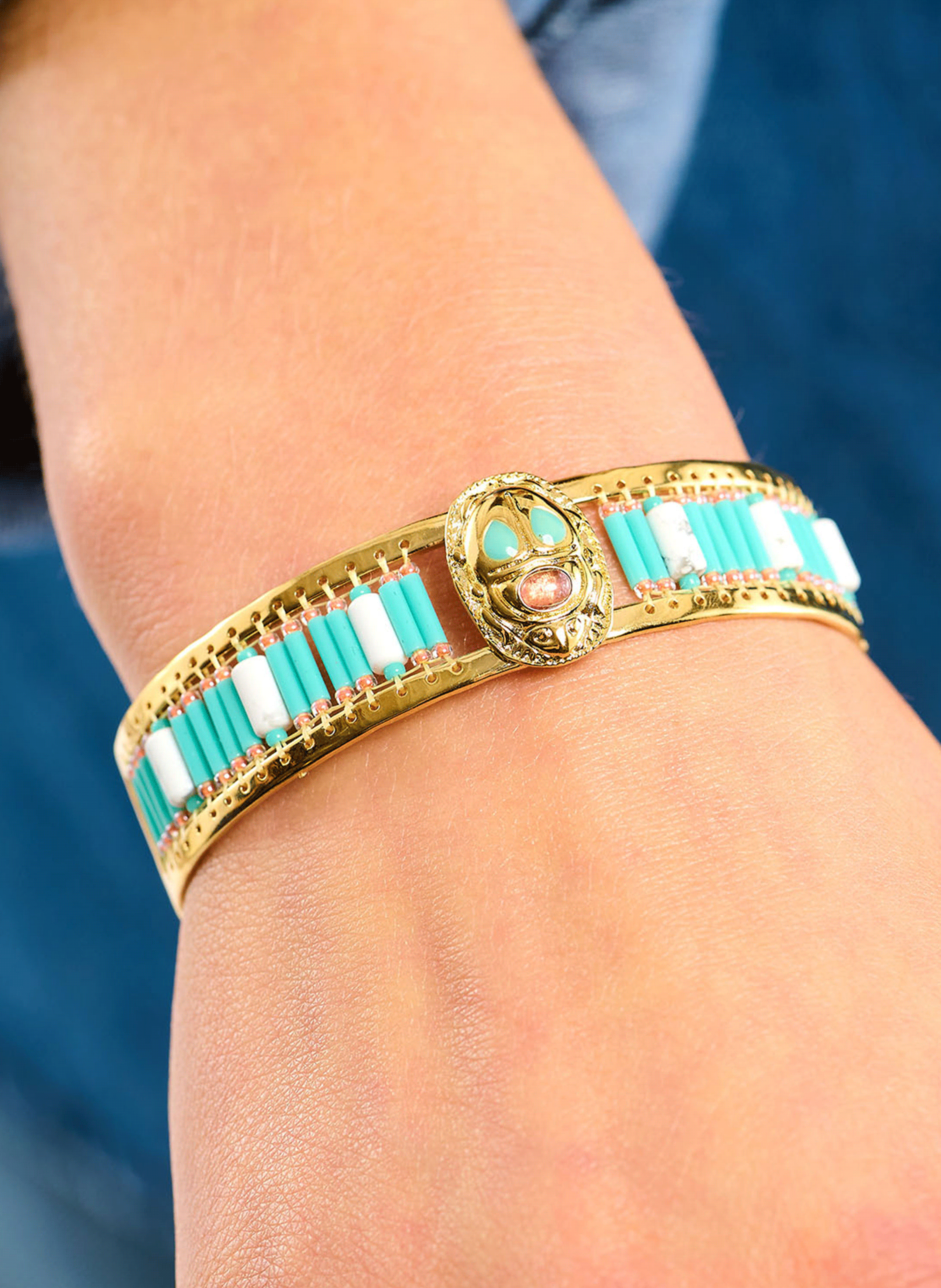 Woven bead bangle bracelet with central cabochon HIPANEMA Blue