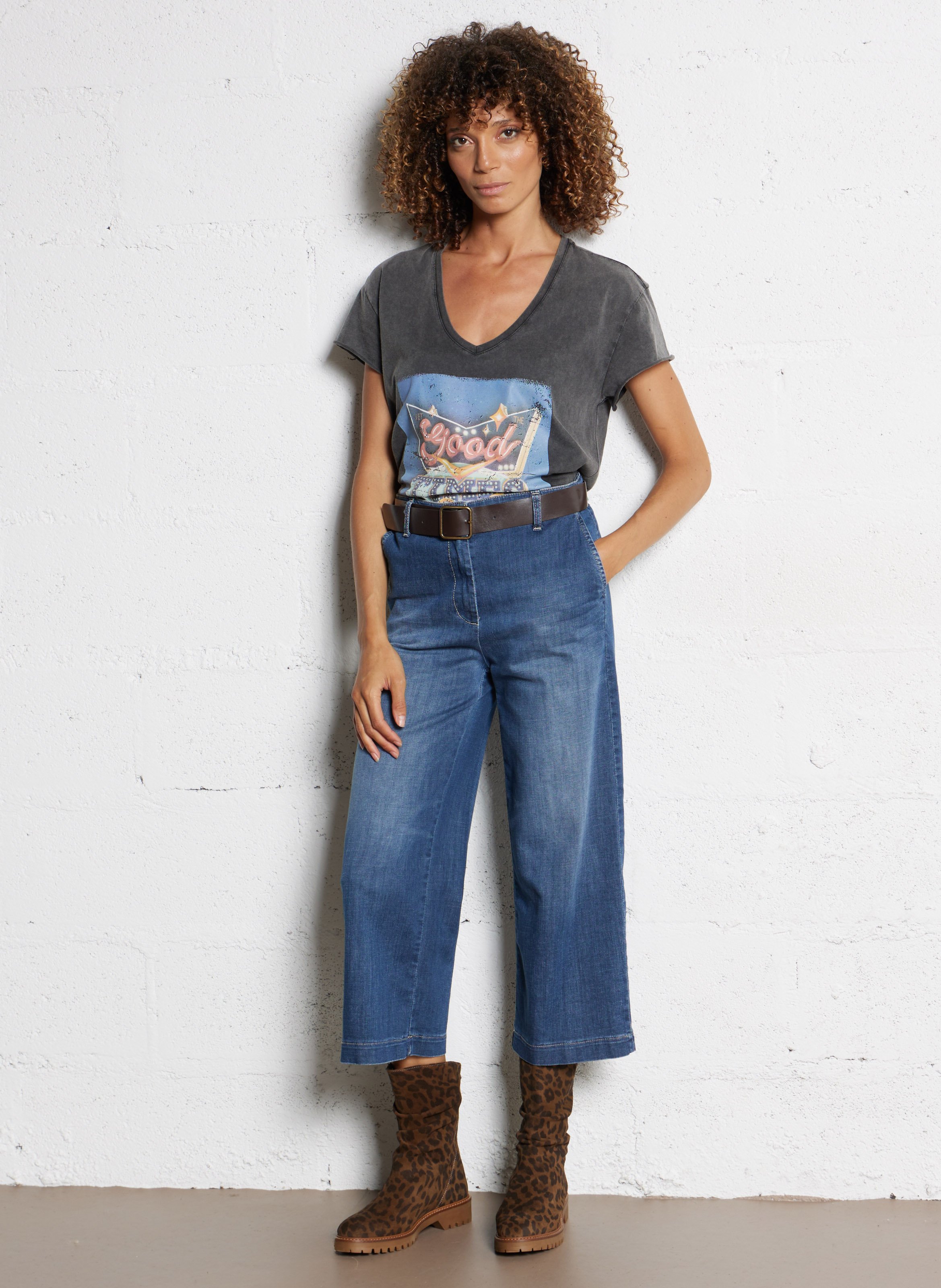 Tee-shirt col V en coton PLEASE Noir