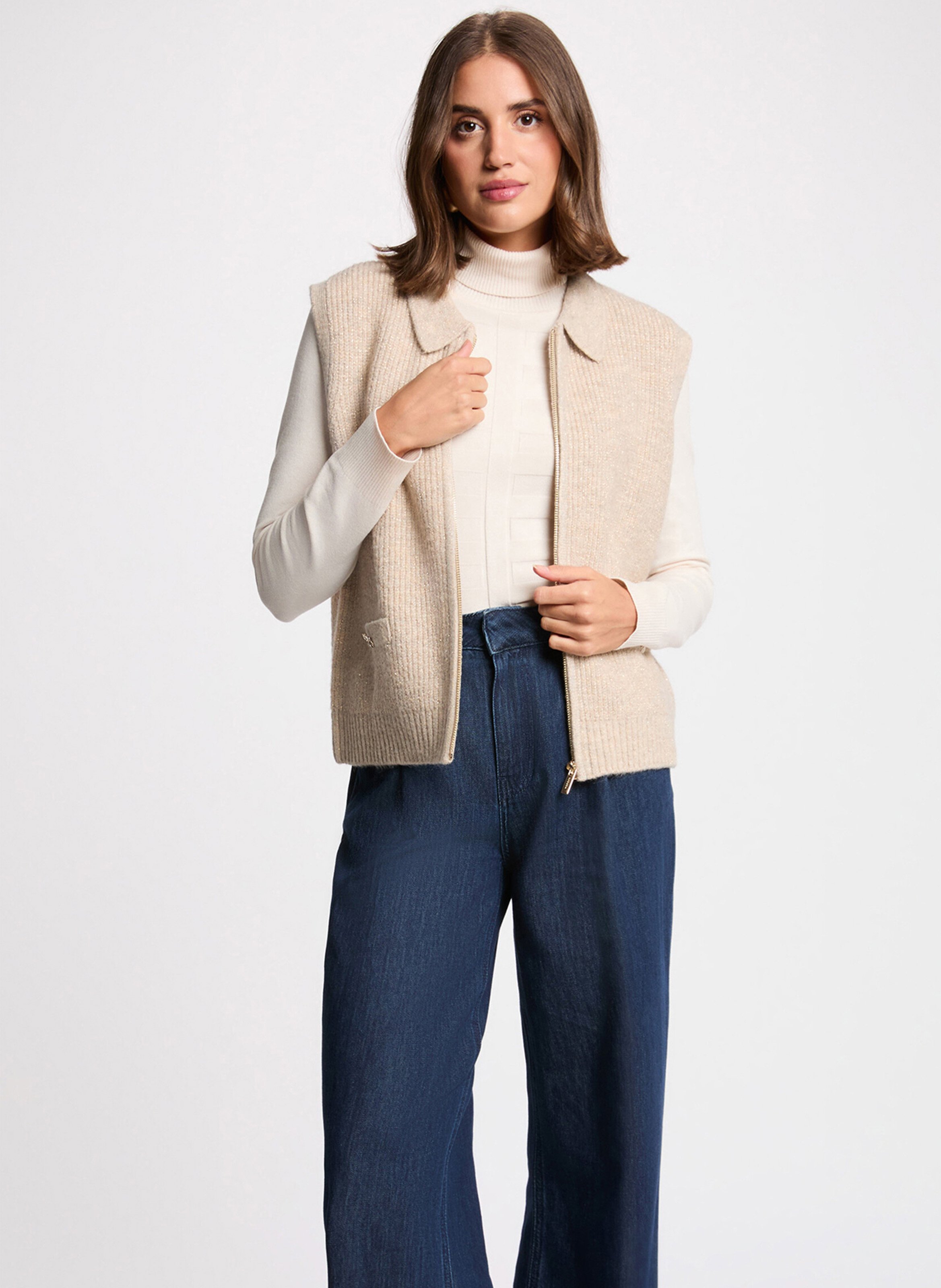 Gilet droit zippé à col revers MORGAN Beige